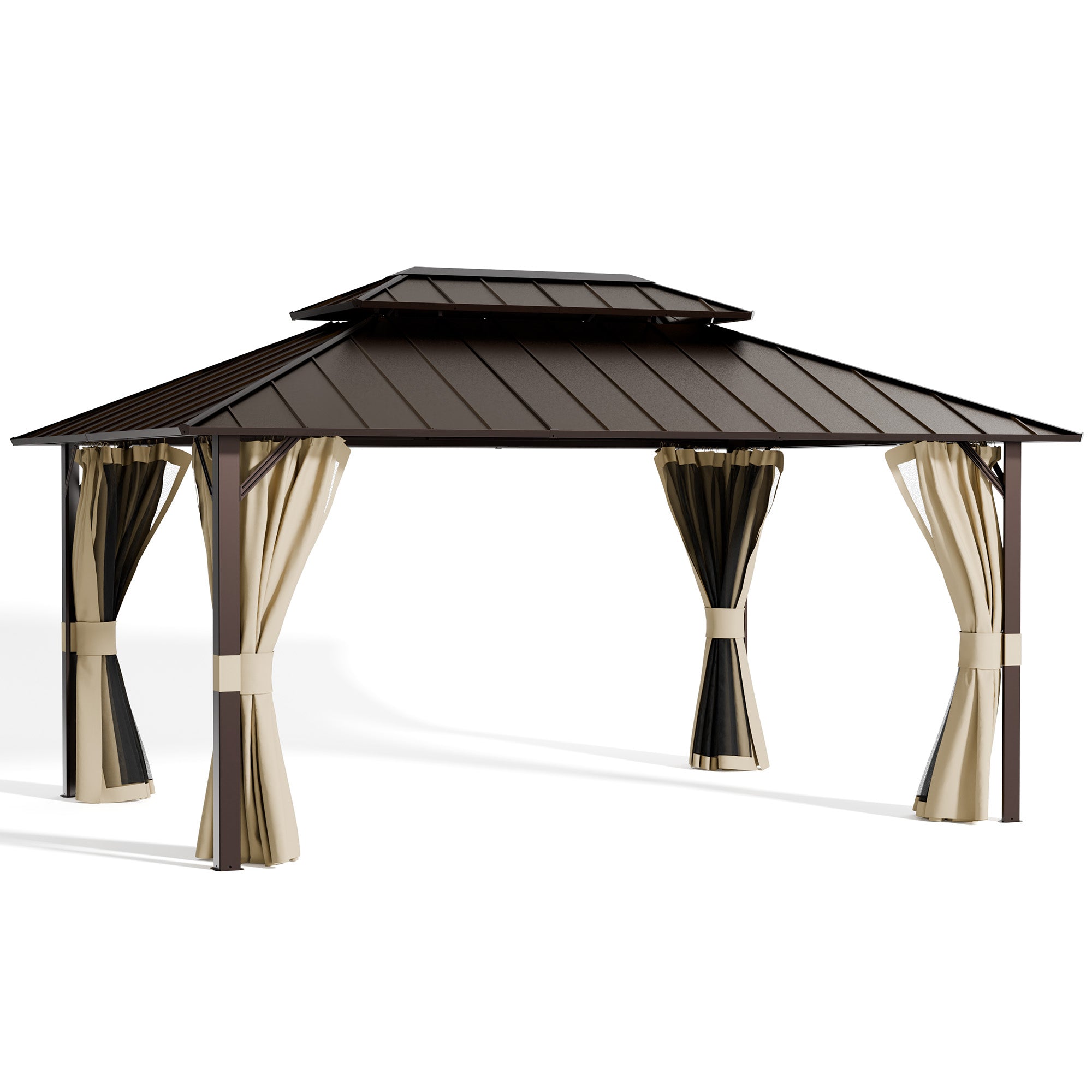 UDPATIO 12x16 Hardtop Gazebo, Aluminum Frame with Double Galvanized Steel Roof, Hard Top Patio Outdoor Metal Gazebos, Permanent Gazebo with Mosquito Netting and Curtain for Backyard, Deck, Beige
