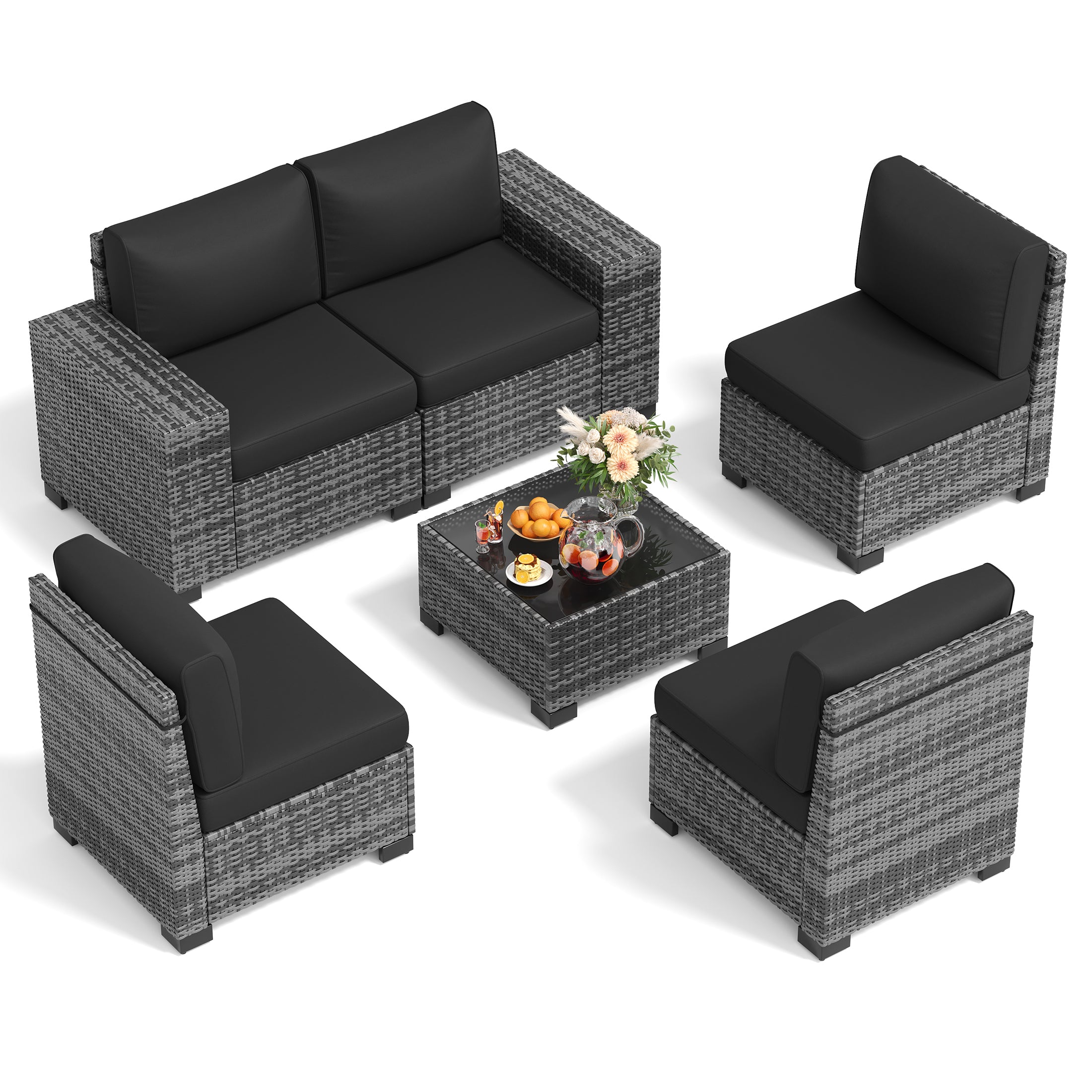 UDPATIO 6-Piece Patio Furniture Set, Outdoor Patio Sofa Set With Wide Armrest, All-Weather Wicker Rattan Guest Set With Cushion And Glass Table And Waterproof Cover, Grey & Black