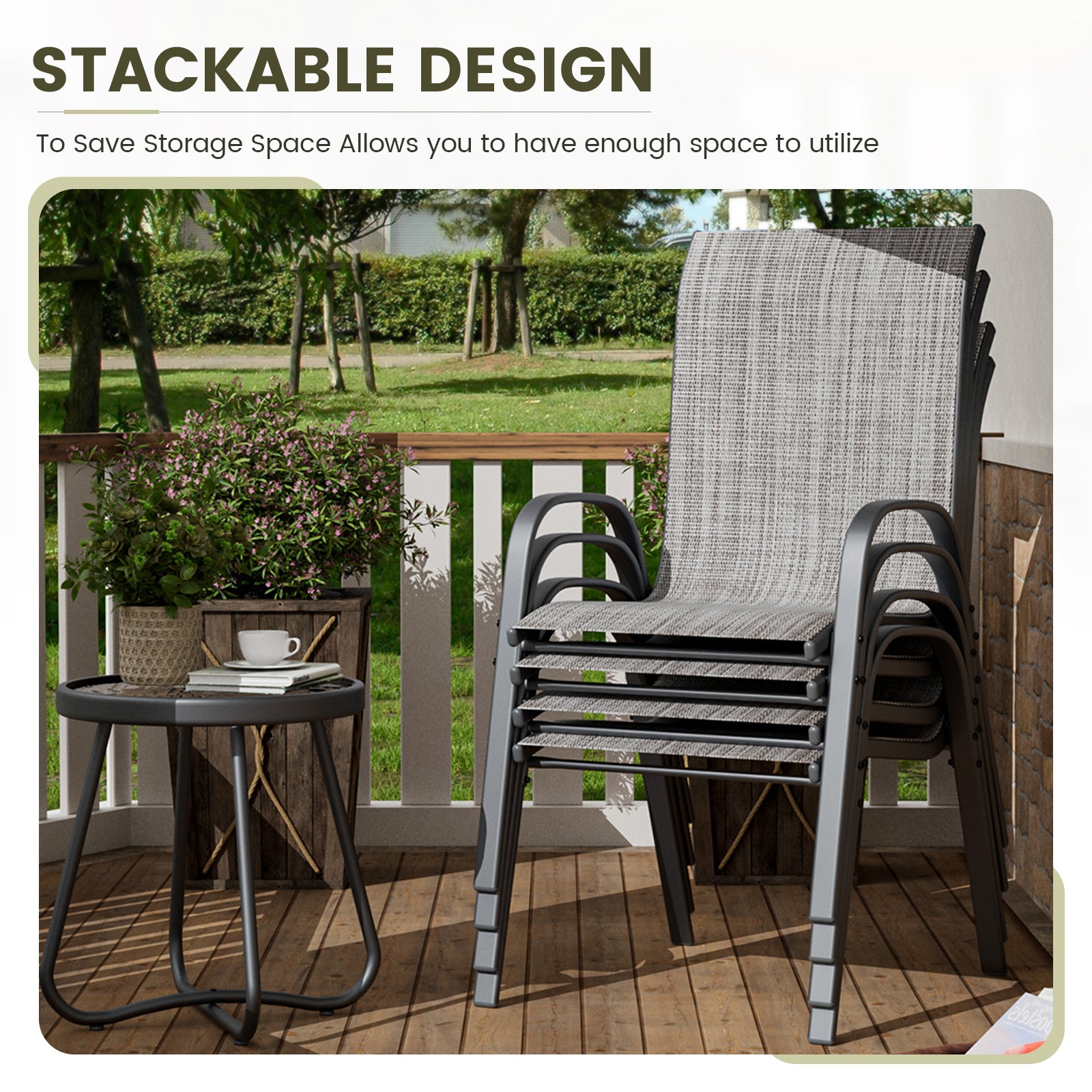 UDPATIO Patio Chairs Set of 4, Stackable Outdoor Dining Chairs with High Back, Breathable Textilene Fabric Outdoor Chair All Weather, 350LBS Capacity for Garden, Backyard (Light Grey)