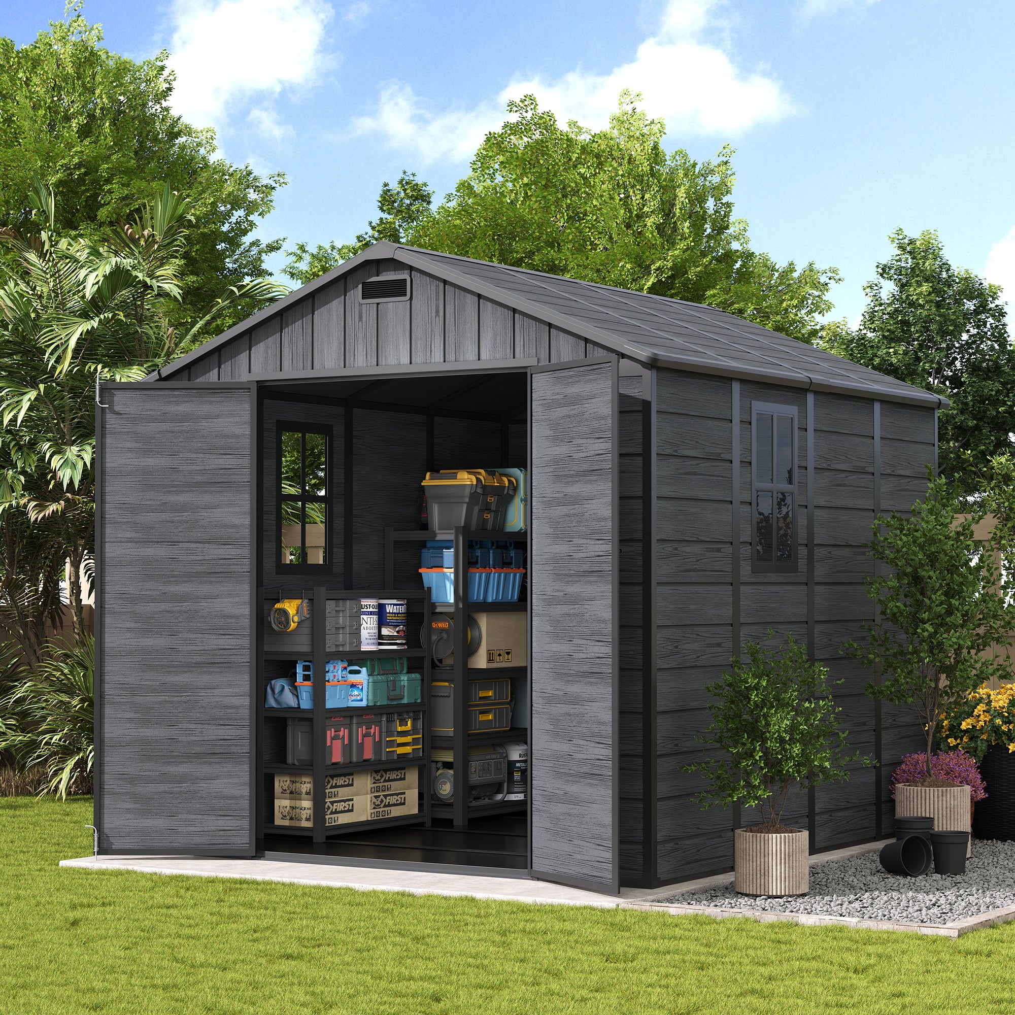 UDPATIO 8 x 8 FT Resin Storage Shed, Plastic Outdoor Storage Shed Clearance Sheds with Floor Included Solitude Cottage Shed She Sheds Garden Tool Shed with Lockable Door for Backyard, Patio, Dark Grey