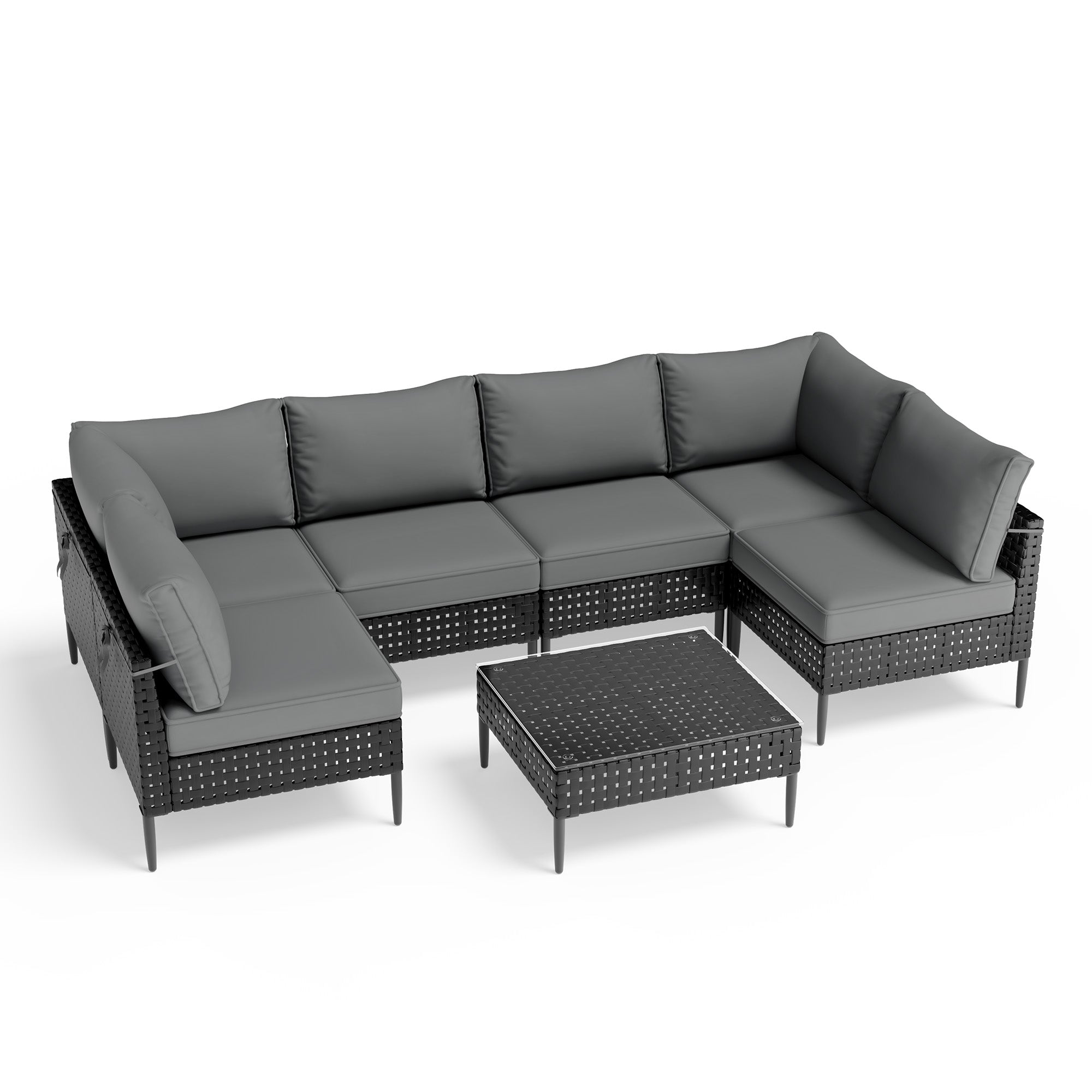 UDPATIO Wicker Patio Furniture Set with Sectional Sofas, All-Weather Cushions and Coffee Table, Bohemian Style and High-Leg Design for Garden, Deck, Poolside (Dark Gray/7 Piece)