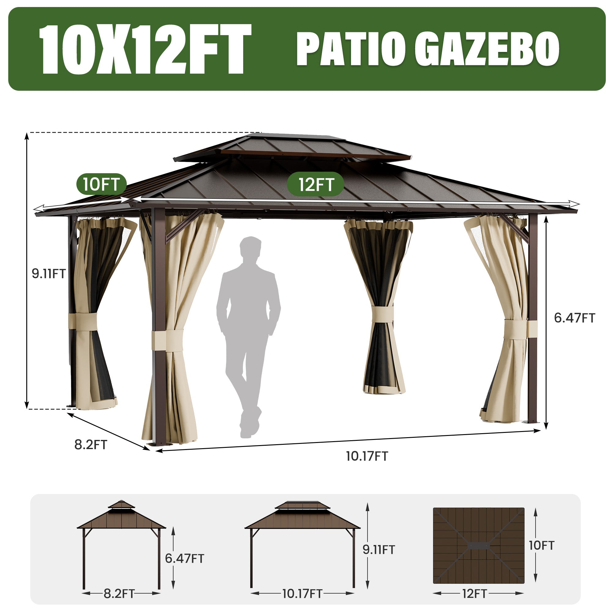 UDPATIO 10x12 Hardtop Gazebo, Aluminum Frame with Double Galvanized Steel Roof, Hard Top Patio Outdoor Metal Gazebos, Permanent Gazebo with Mosquito Netting and Curtain for Backyard, Deck, Beige
