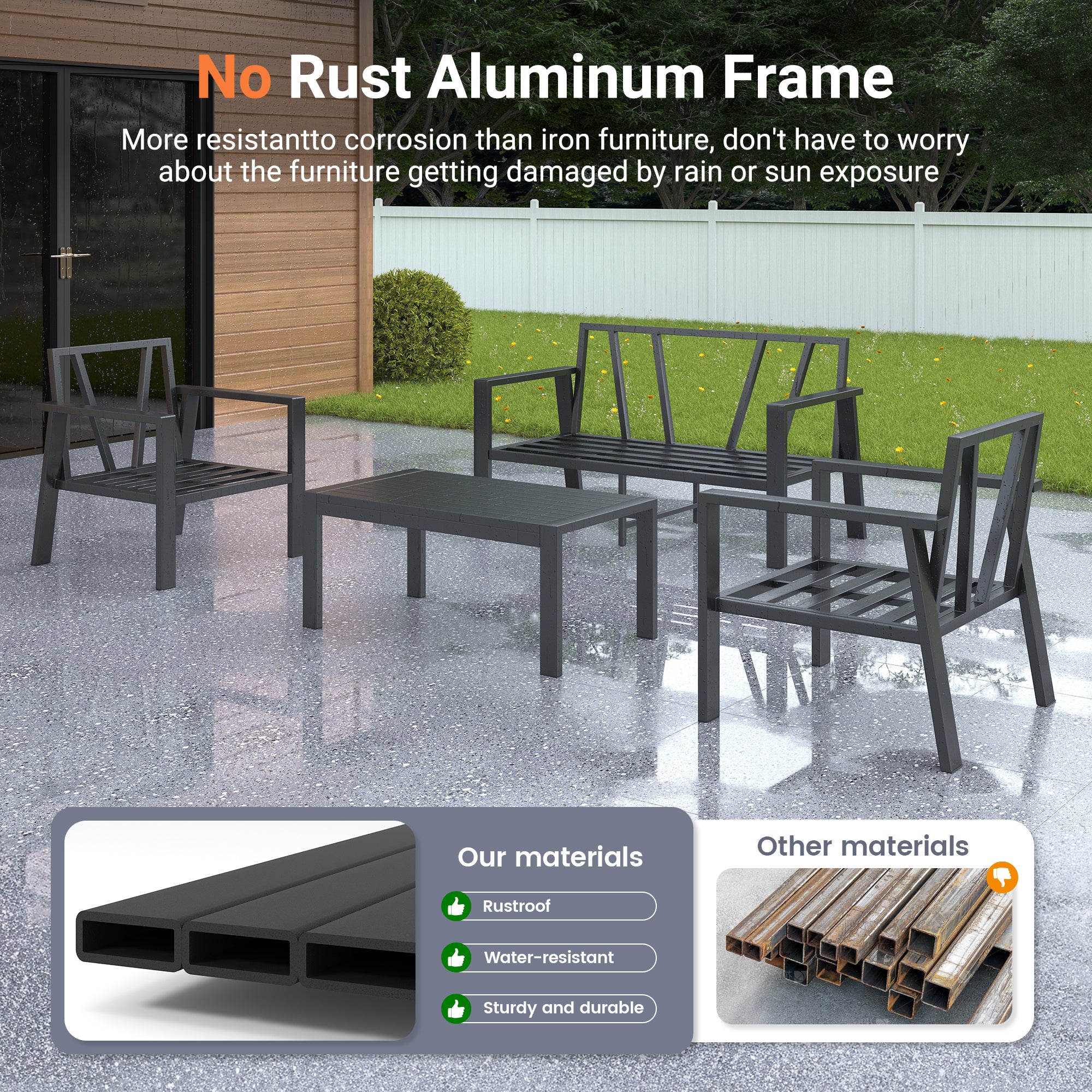 UDPATIO Aluminum Patio Furniture Set, 4 Pieces Sectional Metal Conversation Sofa Modern Seating Set with Coffee Table for Outdoor Garden Backyard, Grey