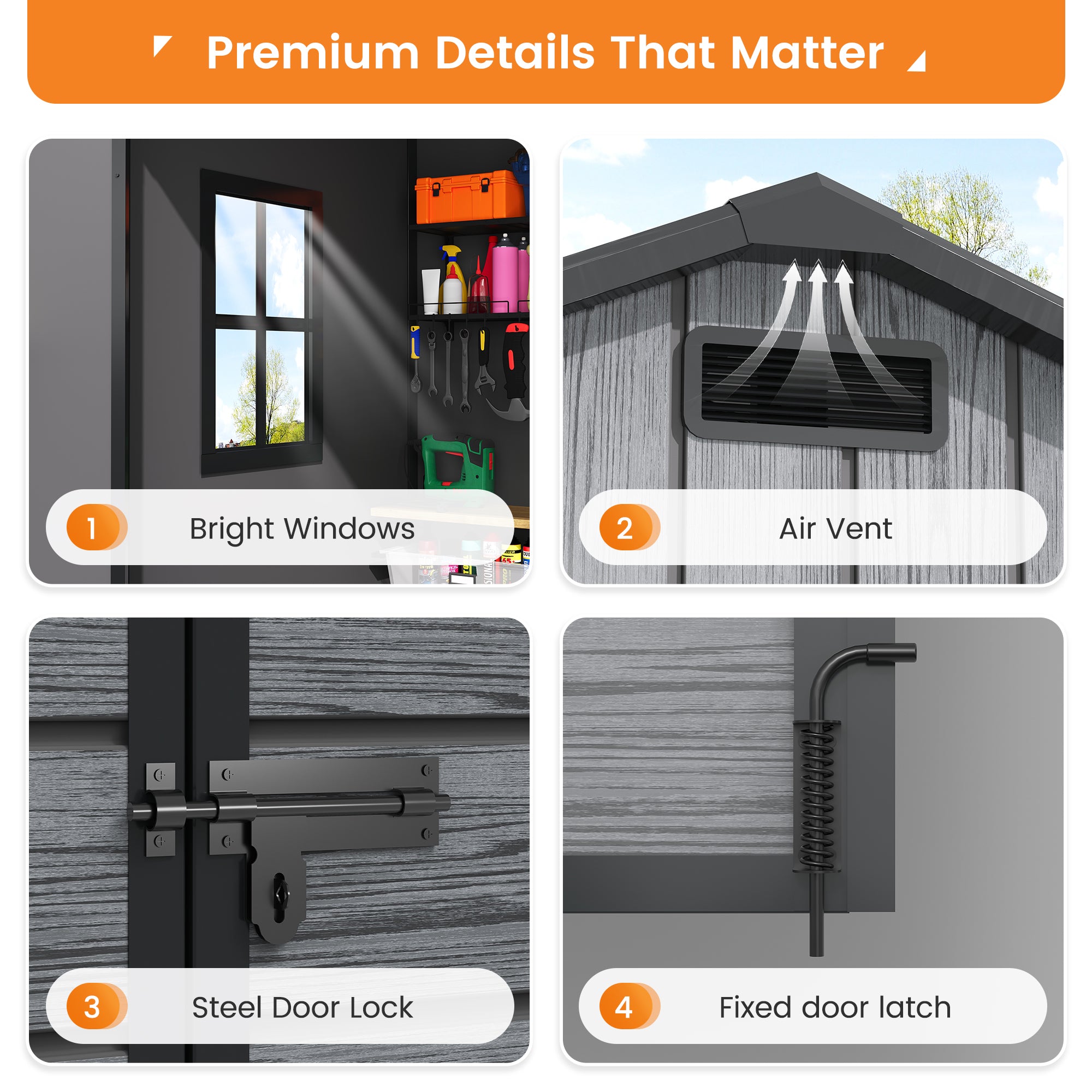 UDPATIO Resin Storage Shed 8 x 6 FT, Plastic Outdoor Storage Shed with Floor Outdside Storage Garden Patio Sheds with Lockable Door for Bike, Garbage Can, Tool, Dark Grey