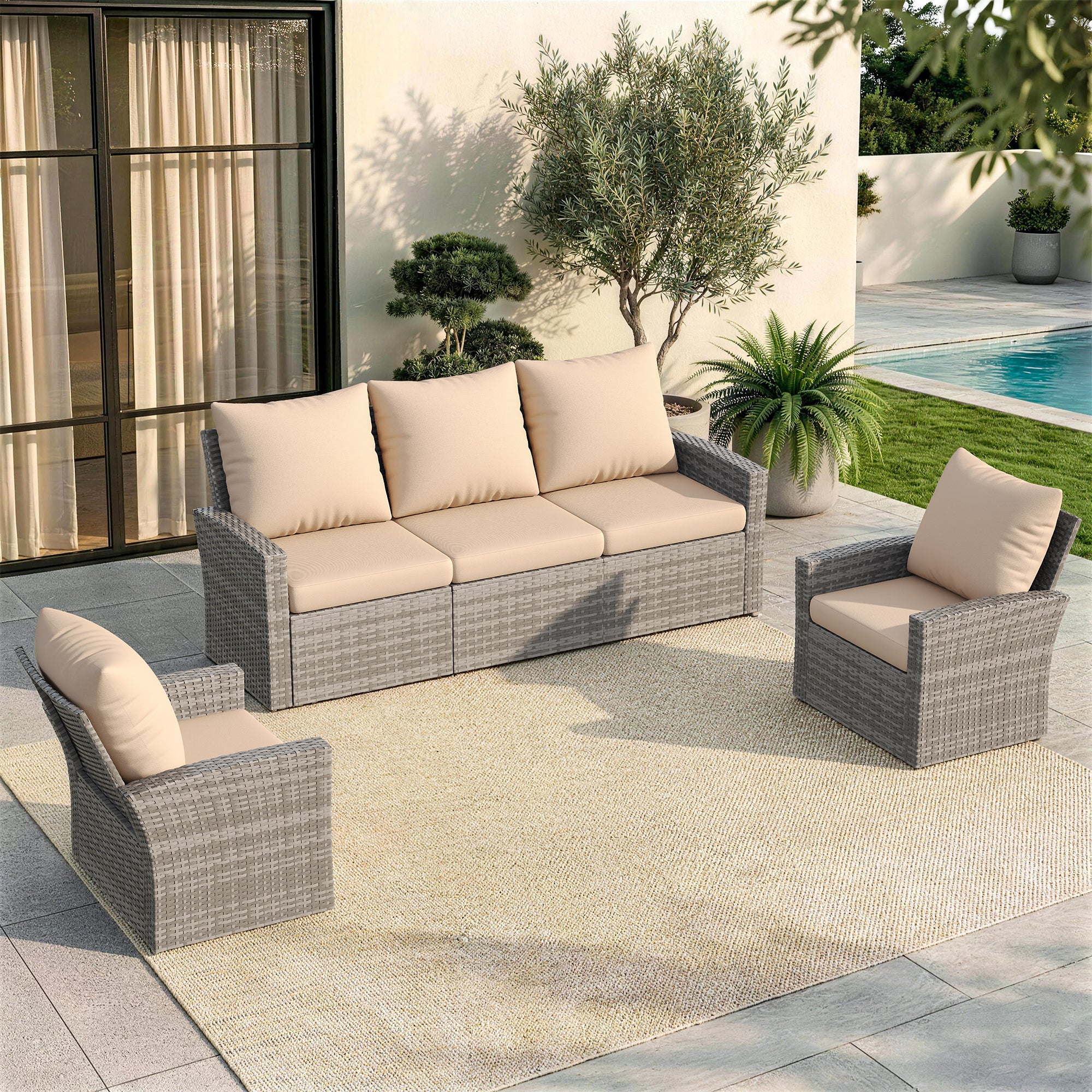 UDPATIO Outdoor Sectional Conversation Sets,Gray Wicker Patio Furniture Set,3-piece outdoor sofa set for Balcony, Porch, Backyard, Beige
