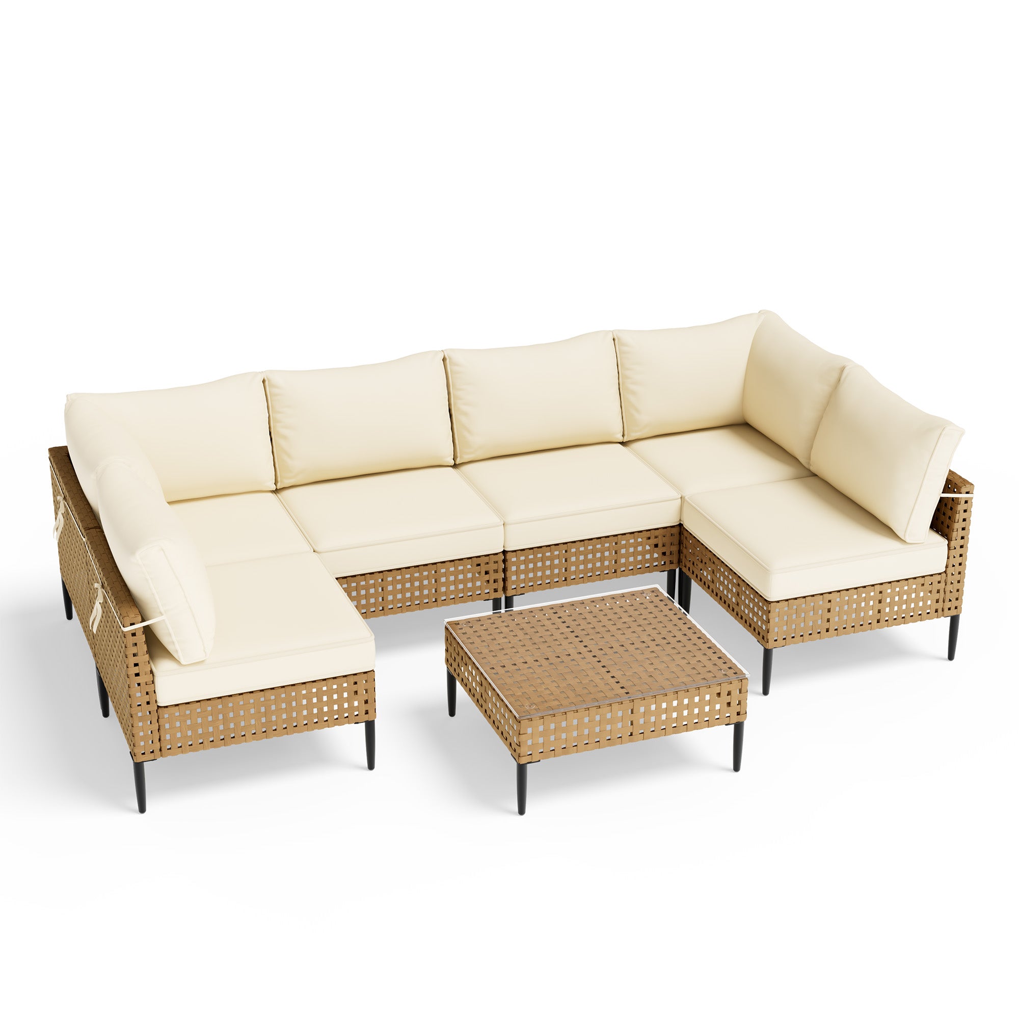 UDPATIO Wicker Patio Furniture Set with Sectional Sofas, All-Weather Cushions and Coffee Table, Bohemian Style and High-Leg Design for Garden, Deck, Poolside (Beige/7 Piece)