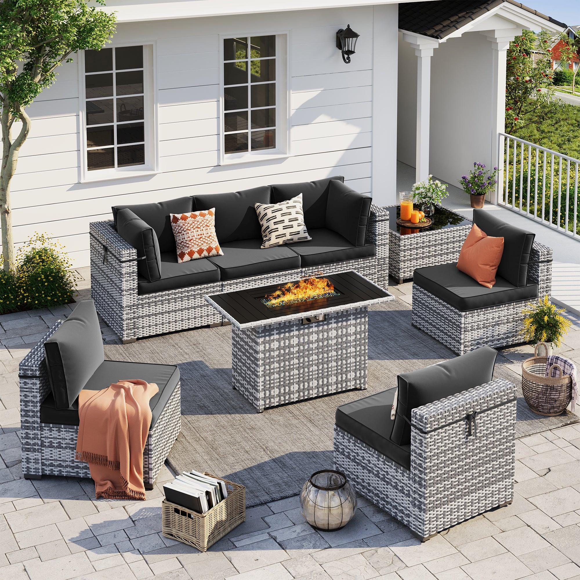 UDPATIO Patio Furniture Set with Fire Pit Table, 8 Pieces Outdoor Sectional Sofa, PE Wicker Patio Conversation Set for Garden, Backyard (Black Cushions with Grey Rattan)