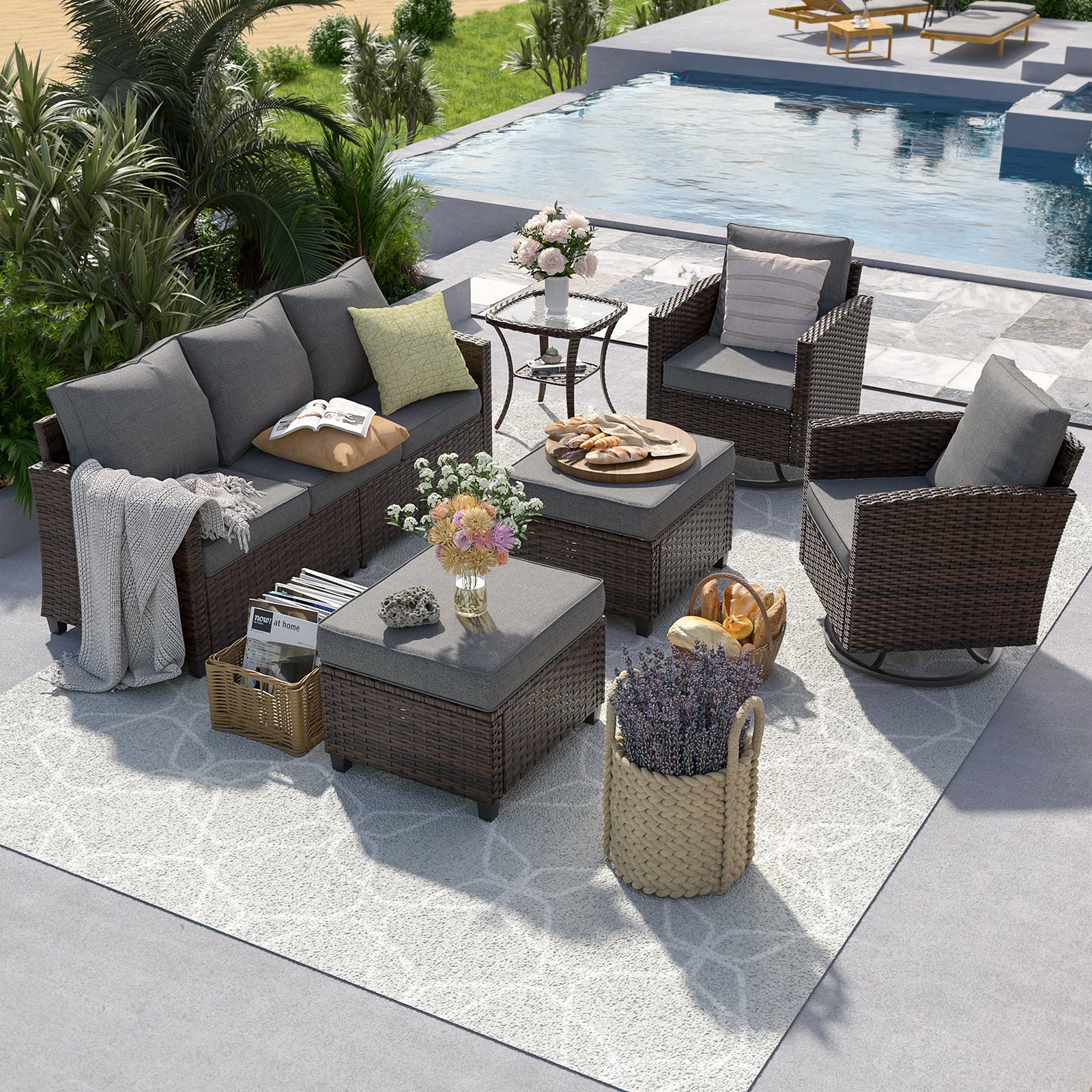 UDPATIO Patio Furniture Set with Swivel Rocking Chair, 6 Pcs Outdoor Couch