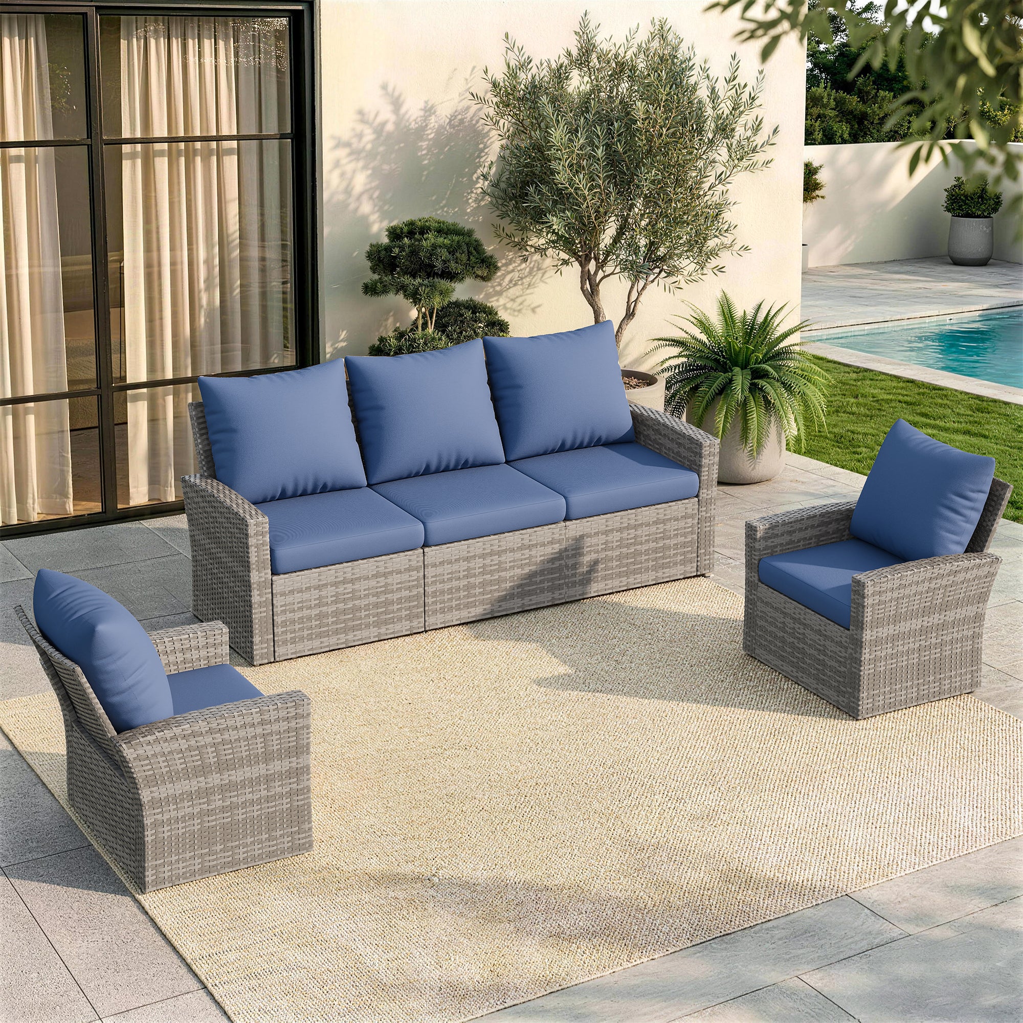 UDPATIO Outdoor Sectional Conversation Sets,Gray Wicker Patio Furniture Set,3-piece outdoor sofa set for Balcony, Porch, Backyard, Navy