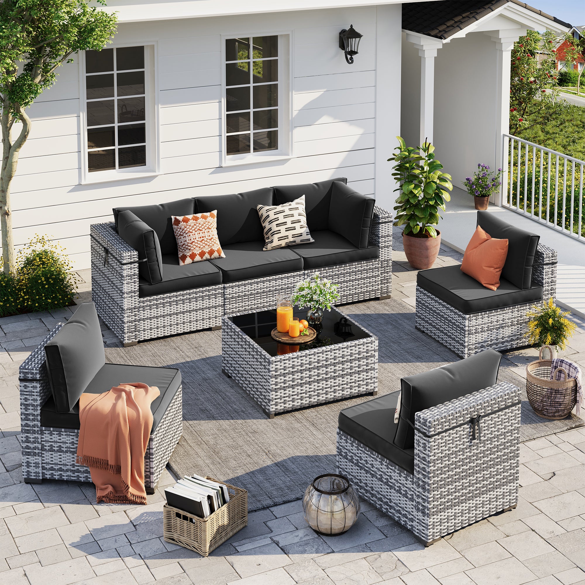 UDPATIO Outdoor Patio Furniture Set, 7-Piece PE Wicker Sectional Sofa with Tea Table, Outdoor Conversation Set for Patio, Garden, Backyard (Black Cushions with Grey Rattan)