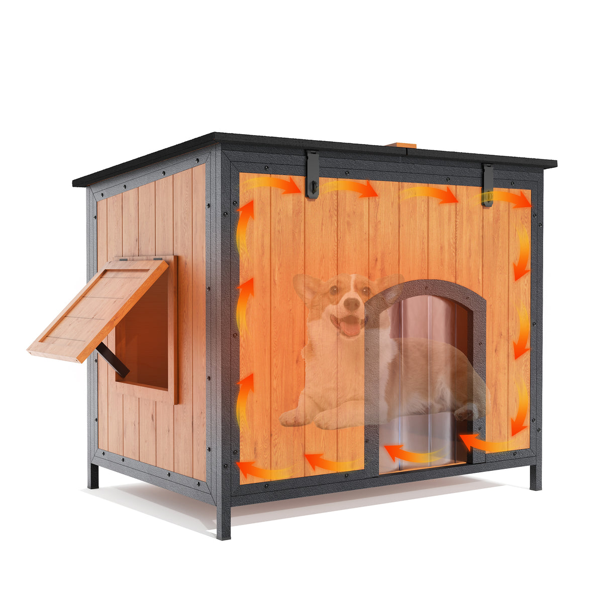 Outdoor Insulated Dog House Weatherproof Dog Kennel Dog Shelter Anti-Chewing Full Iron Frame, Openable Roof for Small to Large Dog Breeds