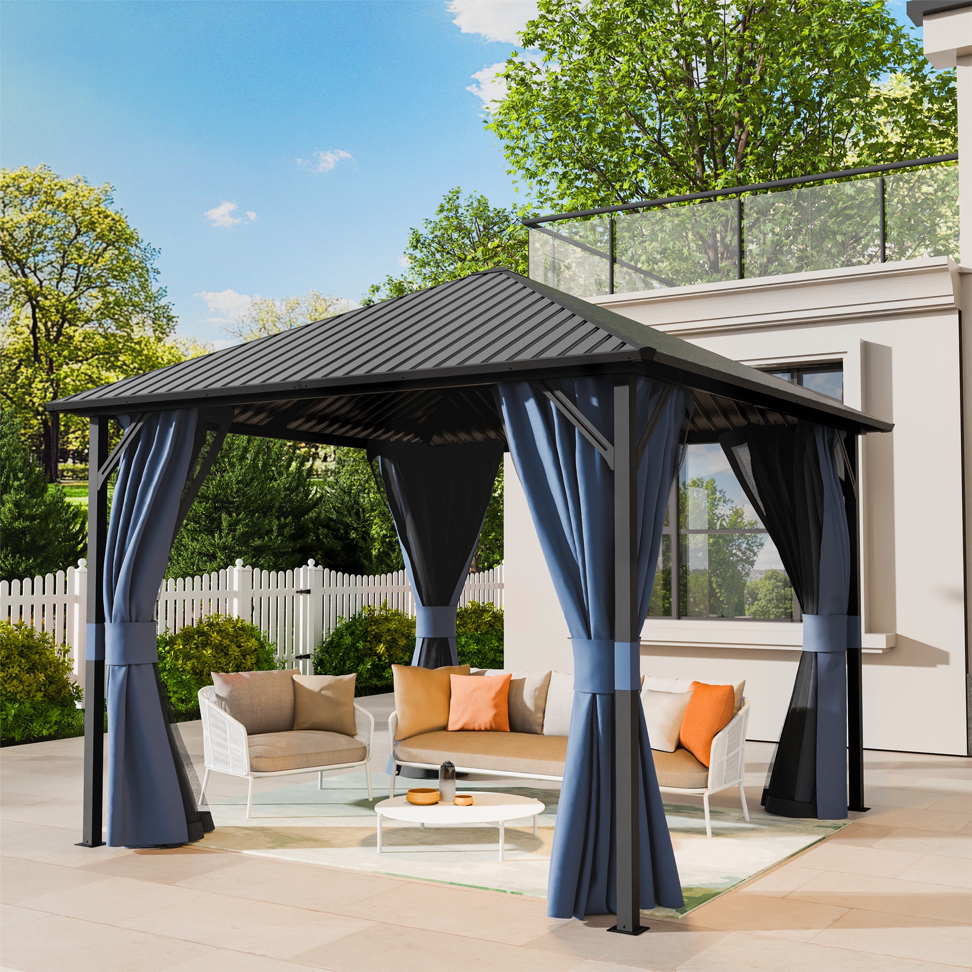 UDPATIO 10x10 Hardtop Gazebo, Metal Gazebo with Galvanized Steel Roof, Hard Top Patio Gazebos, Outdoor Permanent Gazebo with Mosquito Netting and Curtain for Backyard, Deck, Porch, Lawns, Navy Blue