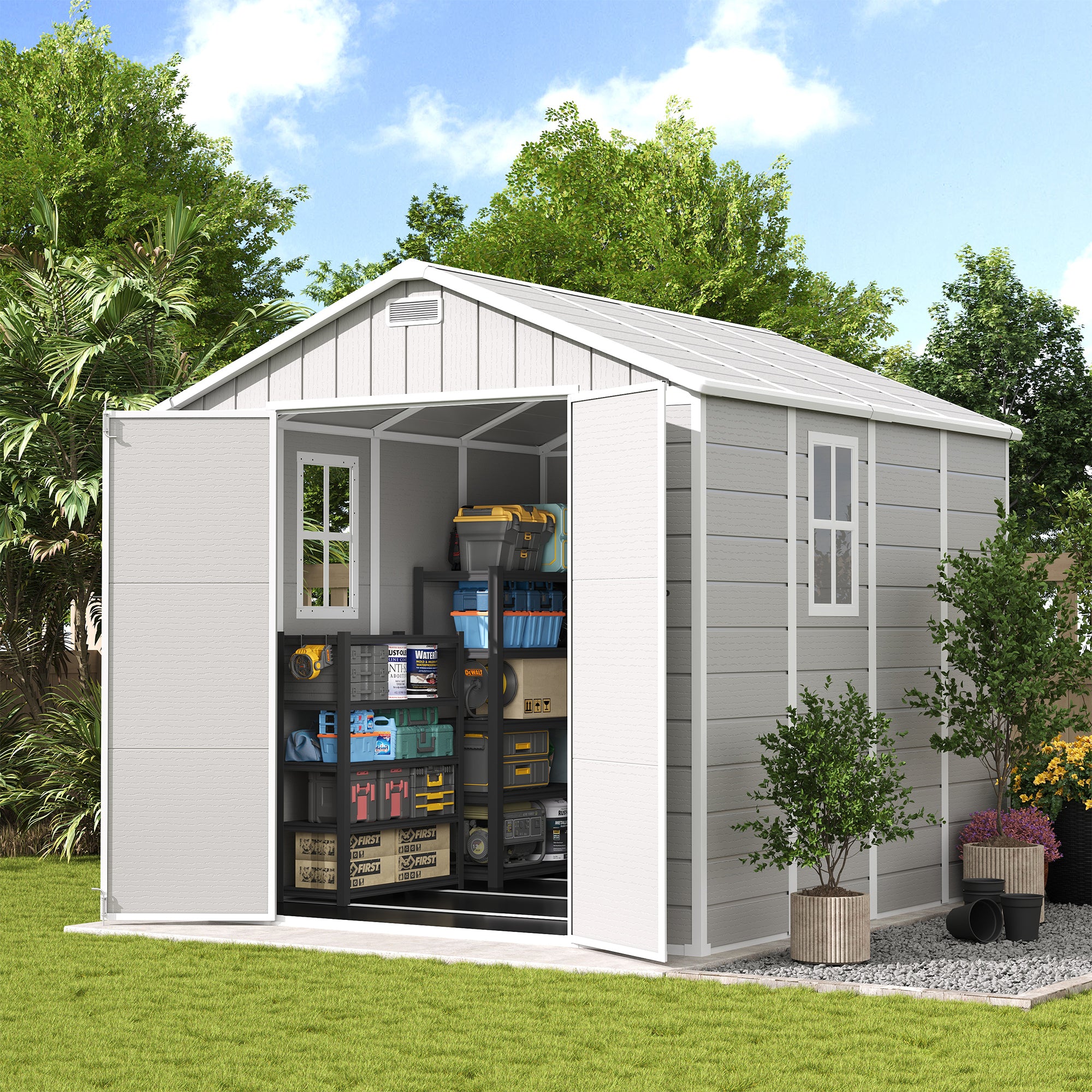 UDPATIO Resin Storage Shed 8 x 8 FT, Outdoor Garden Sheds with Floor Plastic Patio Outdoor Storage Shed with Lockable Door, Sandstone