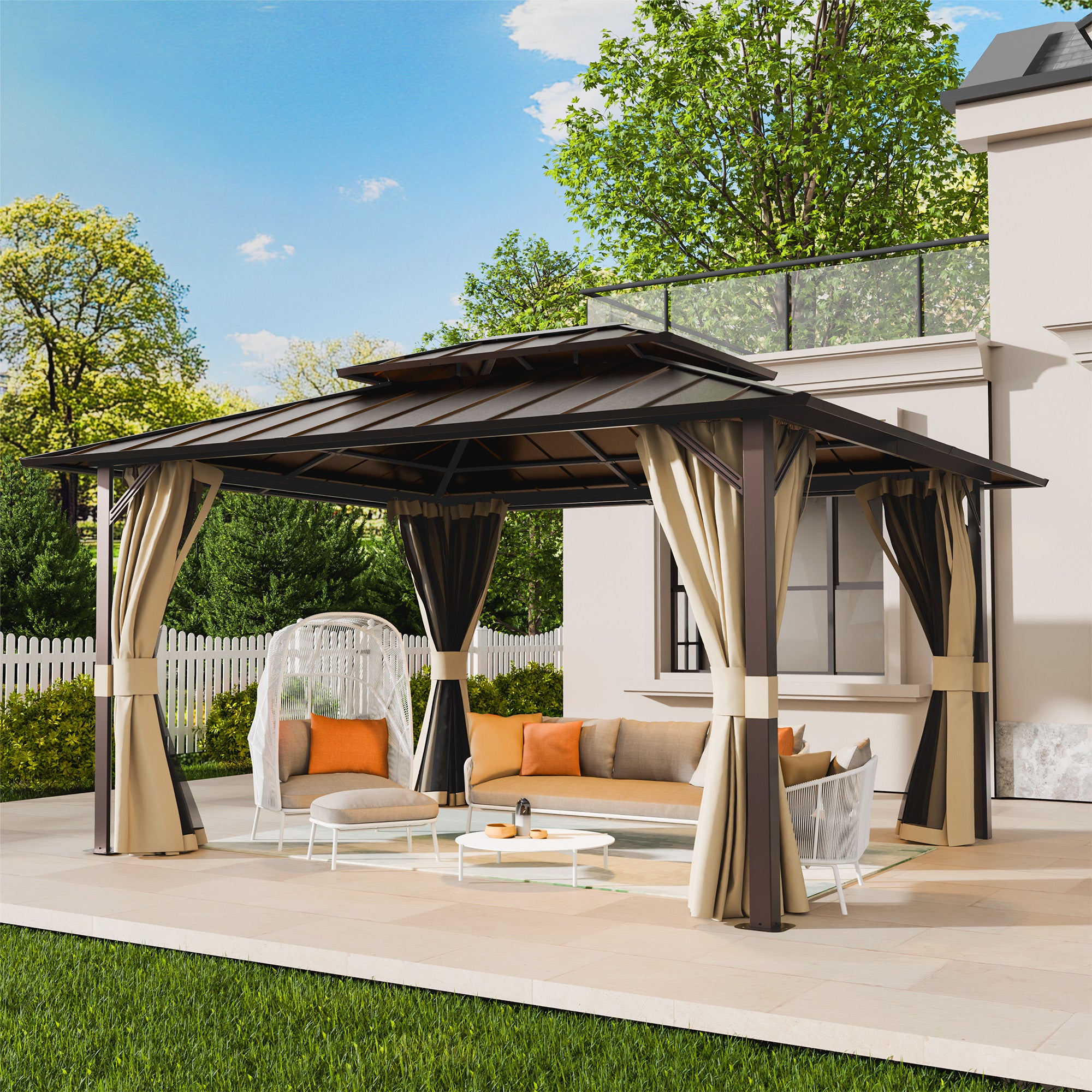 UDPATIO 10x12 Hardtop Gazebo, Aluminum Frame with Double Galvanized Steel Roof, Hard Top Patio Outdoor Metal Gazebos, Permanent Gazebo with Mosquito Netting and Curtain for Backyard, Deck, Beige