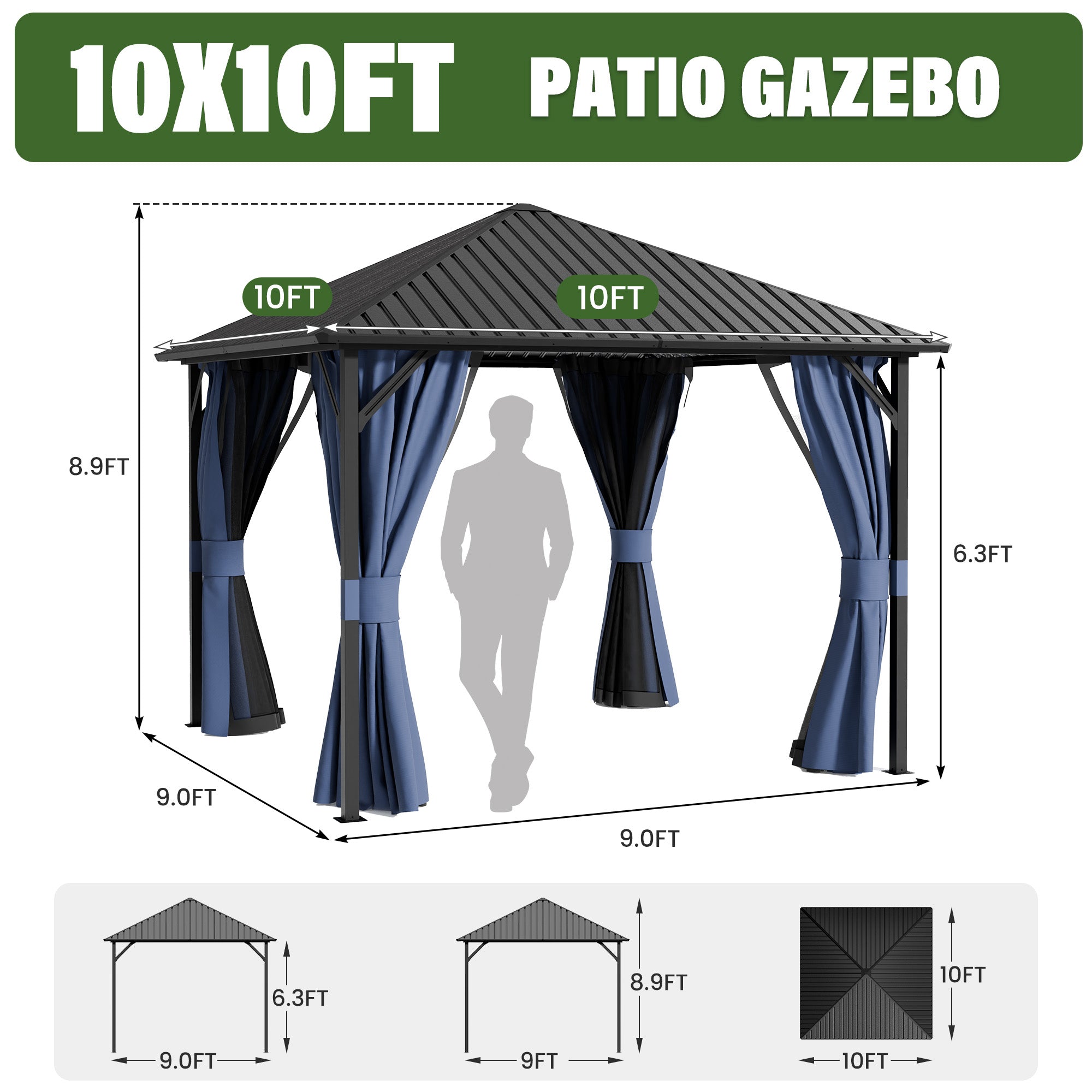 UDPATIO 10x10 Hardtop Gazebo, Metal Gazebo with Galvanized Steel Roof, Hard Top Patio Gazebos, Outdoor Permanent Gazebo with Mosquito Netting and Curtain for Backyard, Deck, Porch, Lawns, Navy Blue