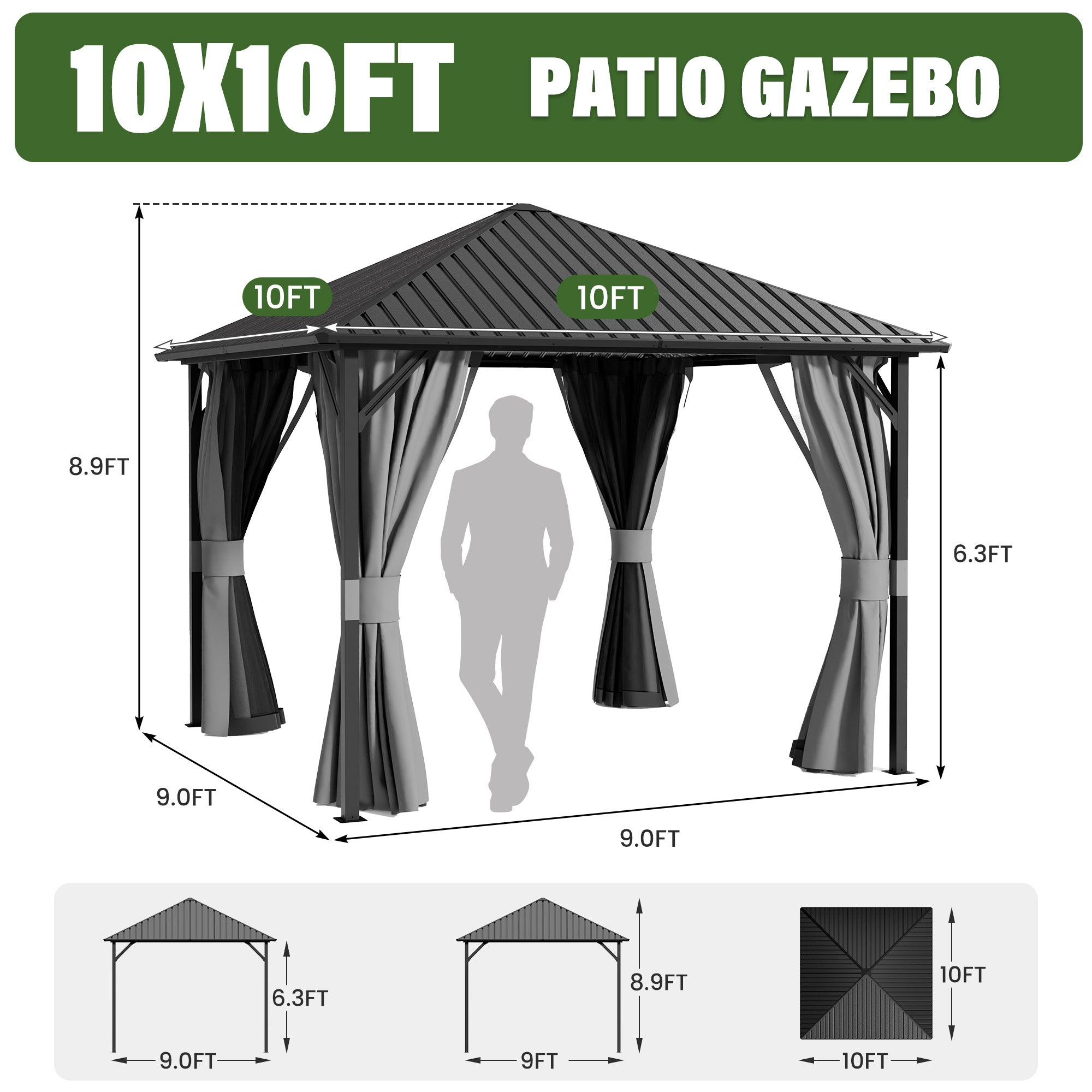 UDPATIO 10x10 Hardtop Gazebo, Metal Gazebo with Galvanized Steel Roof, Hard Top Patio Gazebos, Outdoor Permanent Gazebo with Mosquito Netting and Curtain for Backyard, Deck, Porch, Lawns, Garden, Gray