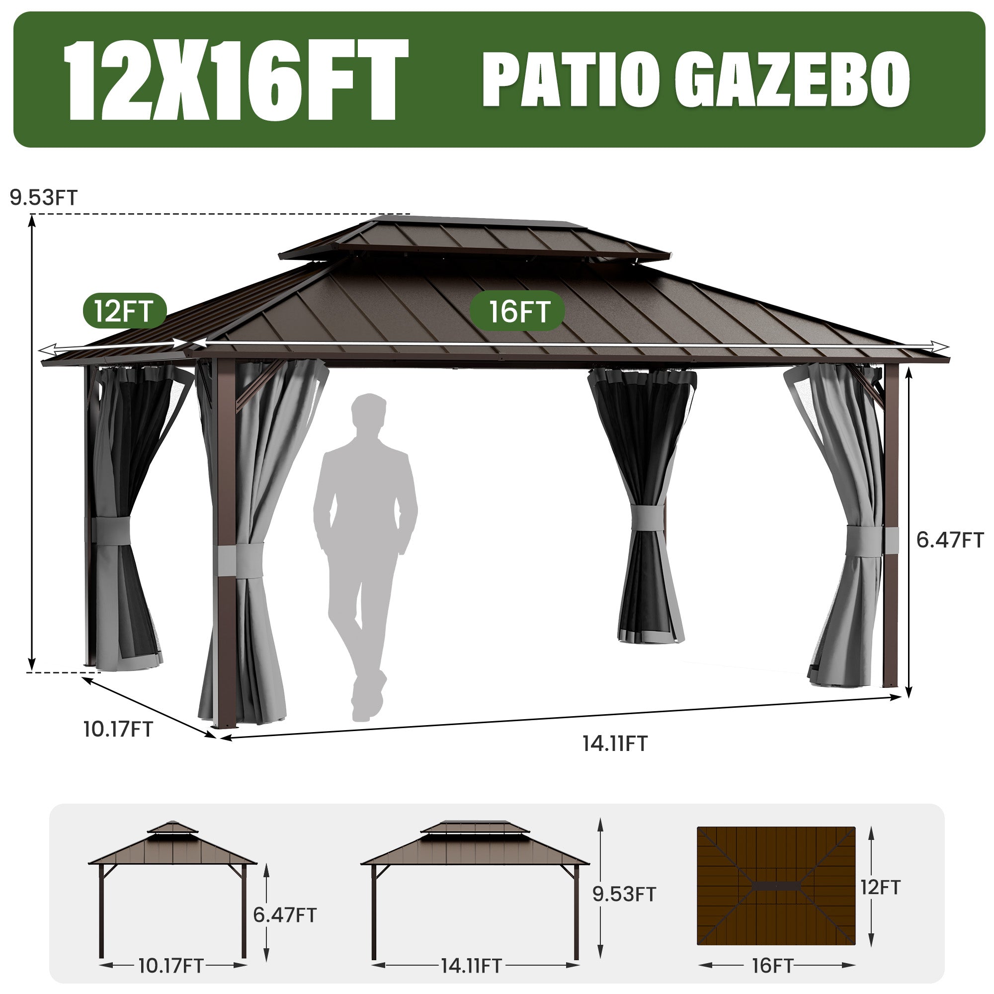 UDPATIO 12x16 Hardtop Gazebo, Aluminum Frame with Double Galvanized Steel Roof, Hard Top Patio Outdoor Metal Gazebos, Permanent Gazebo with Mosquito Netting and Curtain for Backyard, Deck, Porch, Gray
