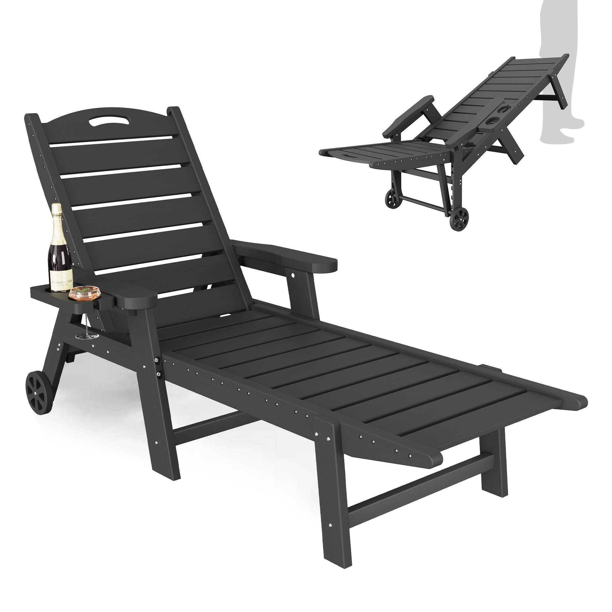 UDPATIO Outdoor Chaise Lounge Chair, HDPE Patio Lounge Chairs for Outside with Wheels & Cup Holder, Reclining Seating with 5 Position for Poolside Deck Garden,Black,1PC