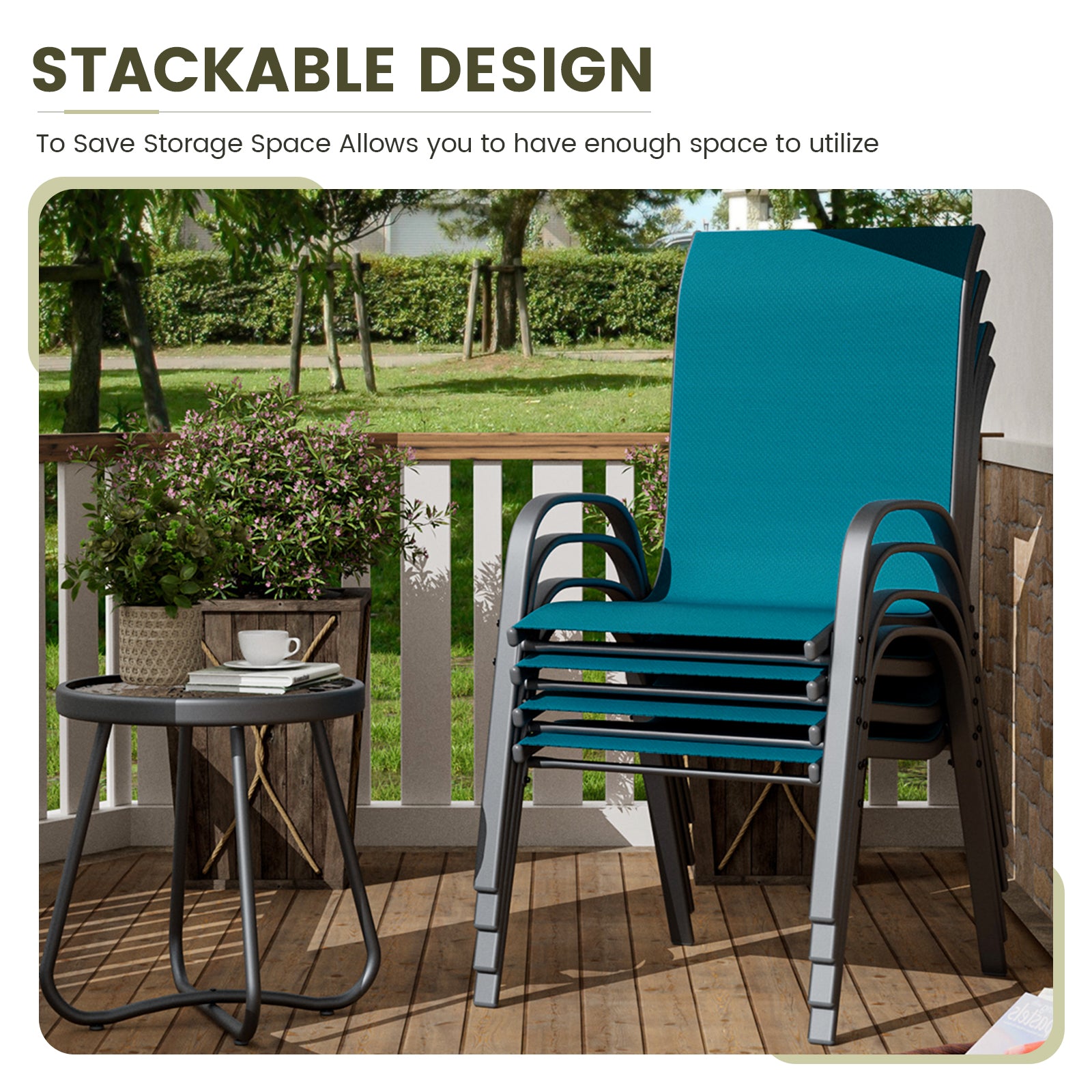 UDPATIO Patio Chairs Set of 4, Stackable Outdoor Dining Chairs with High Back, Breathable Textilene Fabric Outdoor Chair All Weather, 350LBS Capacity for Garden, Backyard (Light Blue)
