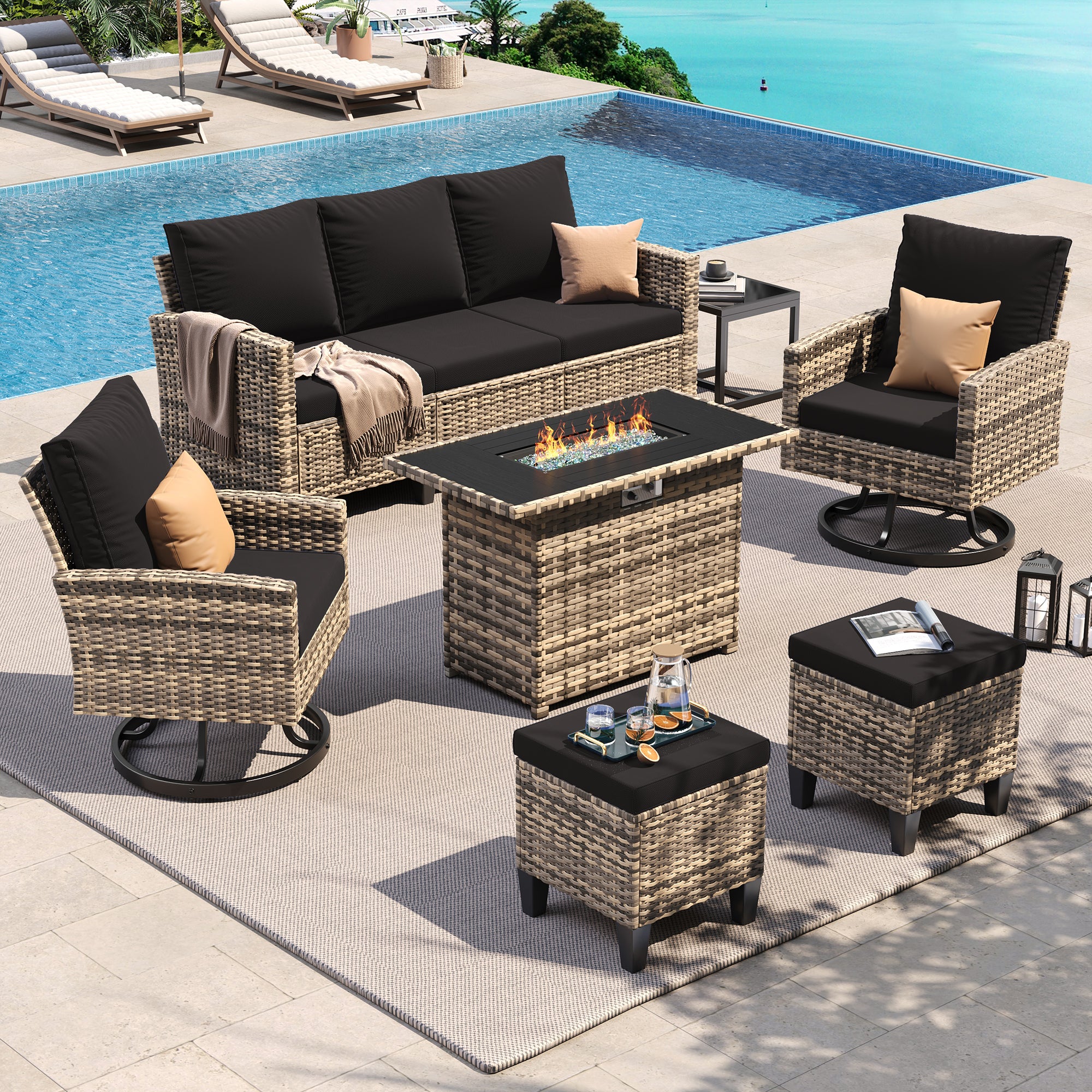 UDPATIO Patio Furniture Set with Fire Pit Table, 7 Pieces Outdoor Conversation Sets with Swivel Chairs and Ottomans, All-Weather Rattan Wicker Patio Sofa Couch for Backyard, Deck, Porch, Black/Yellow
