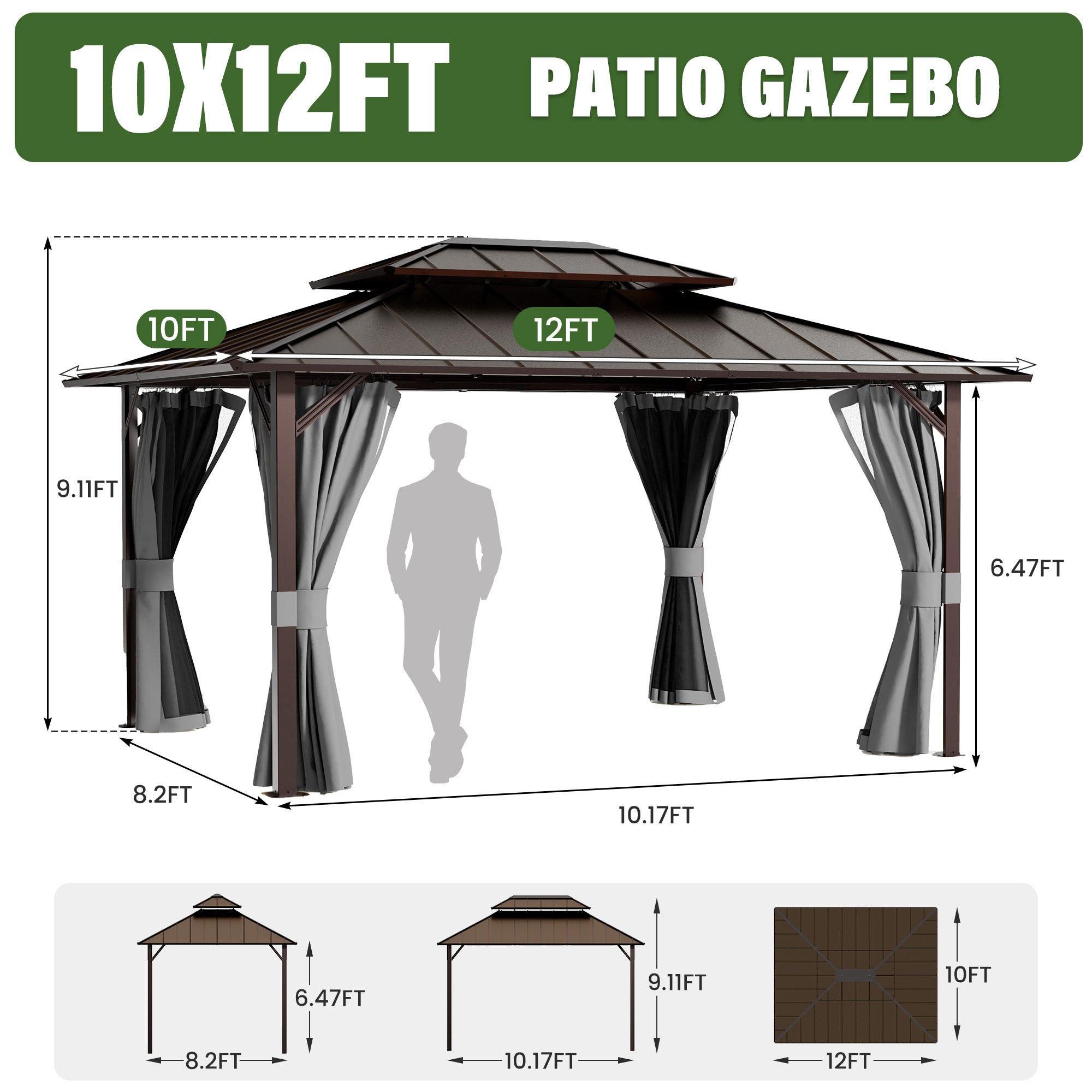 UDPATIO 10x12 Hardtop Gazebo, Aluminum Frame with Double Galvanized Steel Roof, Hard Top Patio Outdoor Metal Gazebos, Permanent Gazebo with Mosquito Netting and Curtain for Backyard, Deck, Porch, Gray