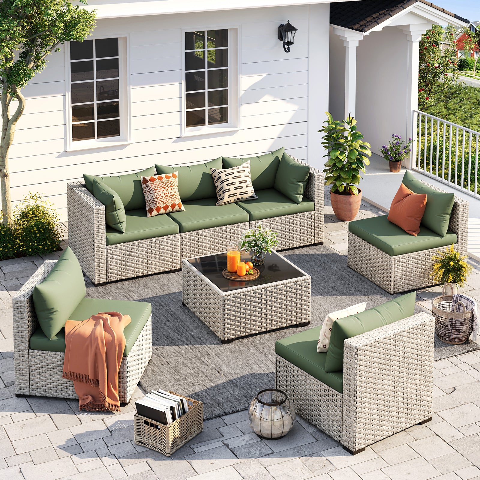 UDPATIO Outdoor Patio Furniture Set, 7-Piece PE Wicker Sectional Sofa with Tea Table, Outdoor Conversation Set for Patio, Garden