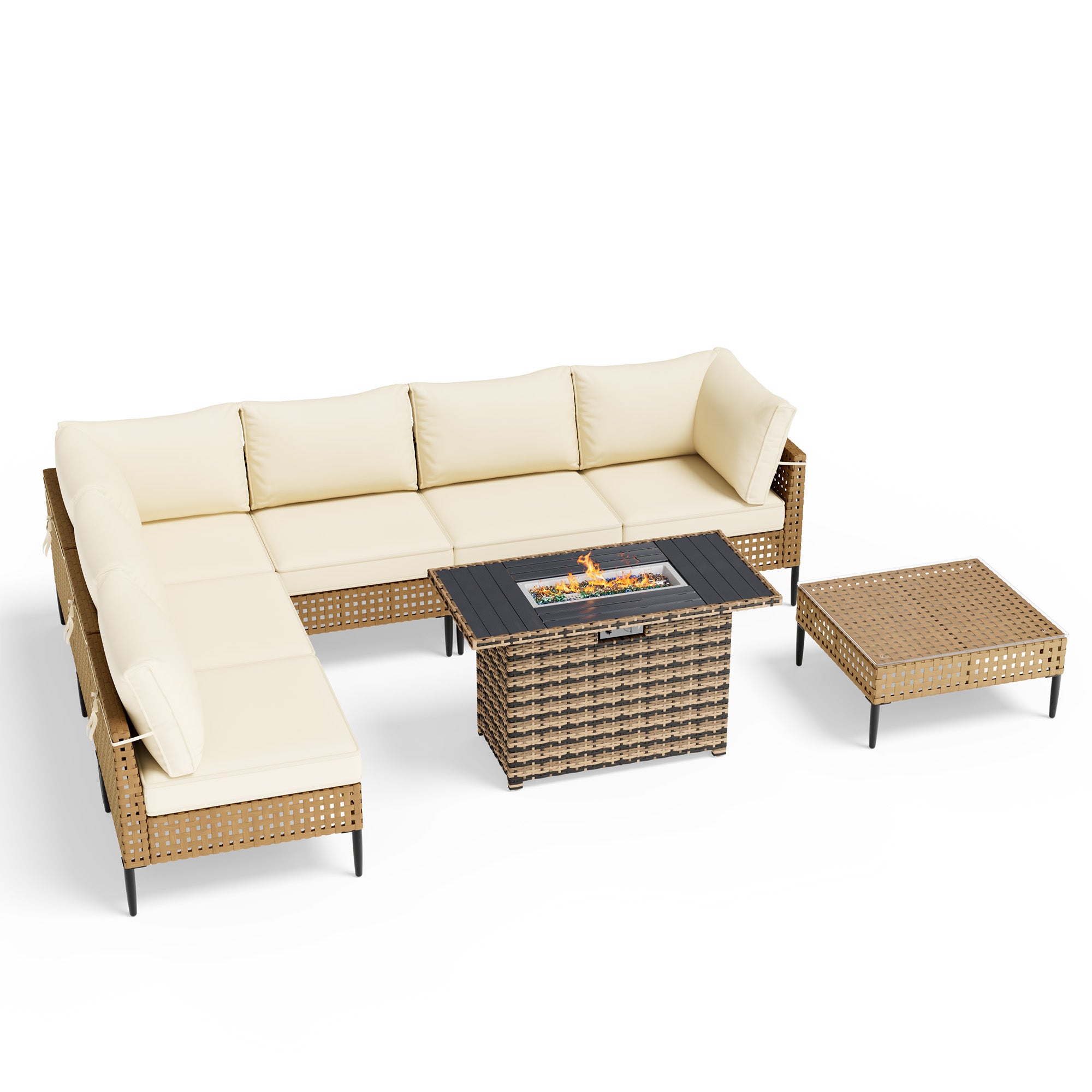 UDPATIO Wicker Patio Furniture Set with Sectional Sofas, All-Weather Cushions and Fire Pit Table, Bohemian Style and High-Leg Design for Garden, Deck, Poolside (Beige/8 Piece)