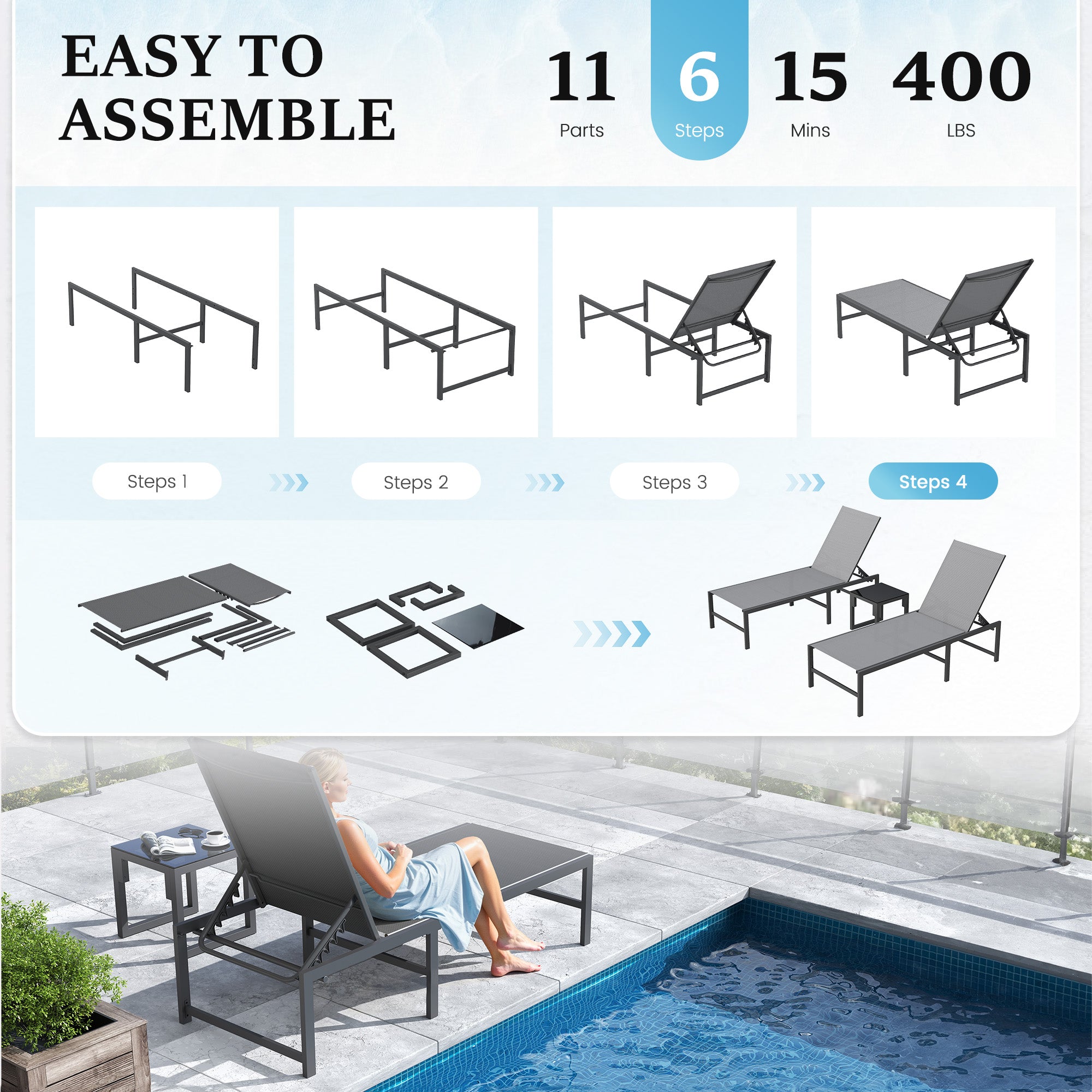 Outdoor Lounge Chair Pool Chaise Chairs Adjustable Patio Lounger for Poolside Lawn Lay Flat Sunbathing Backrest for Deck, Beach, Yard(Grey)