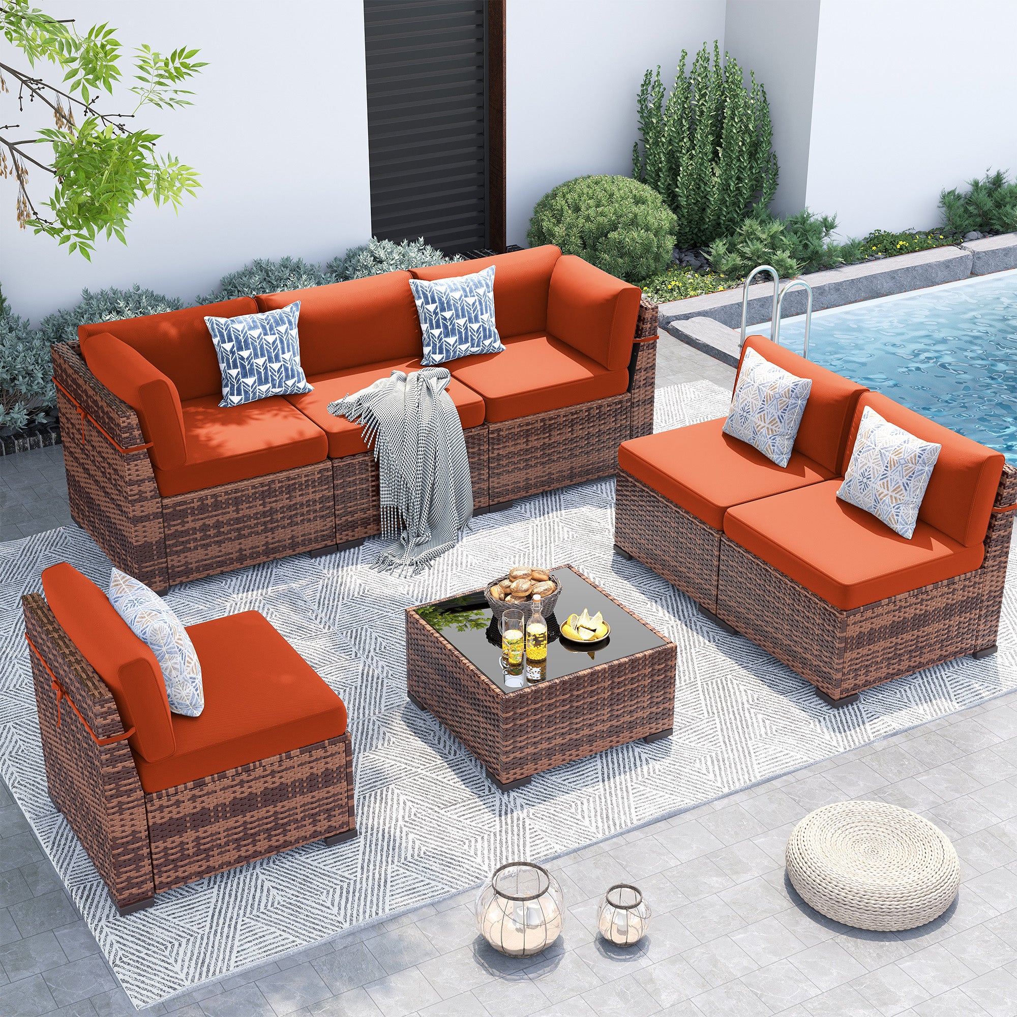 UDPATIO Patio Furniture Set,7 Pieces Outdoor Rattan Sectional Set,Modular  Slanted Back Patio Conversation Set Heavy Duty Wicker Sofa for Backyard,