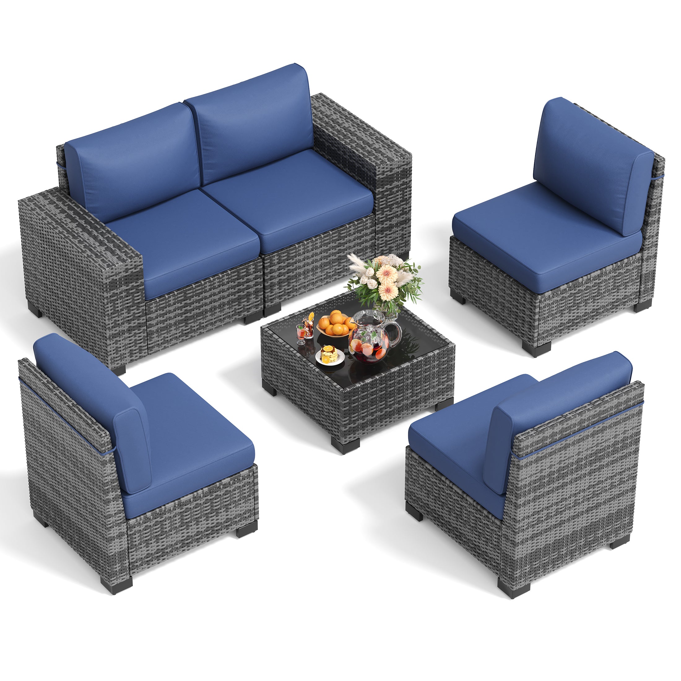 UDPATIO 6-Piece Patio Furniture Set, Outdoor Patio Sofa Set With Wide Armrest, All-Weather Wicker Rattan Guest Set With Cushion And Glass Table And Waterproof Cover, Grey & Navy Blue