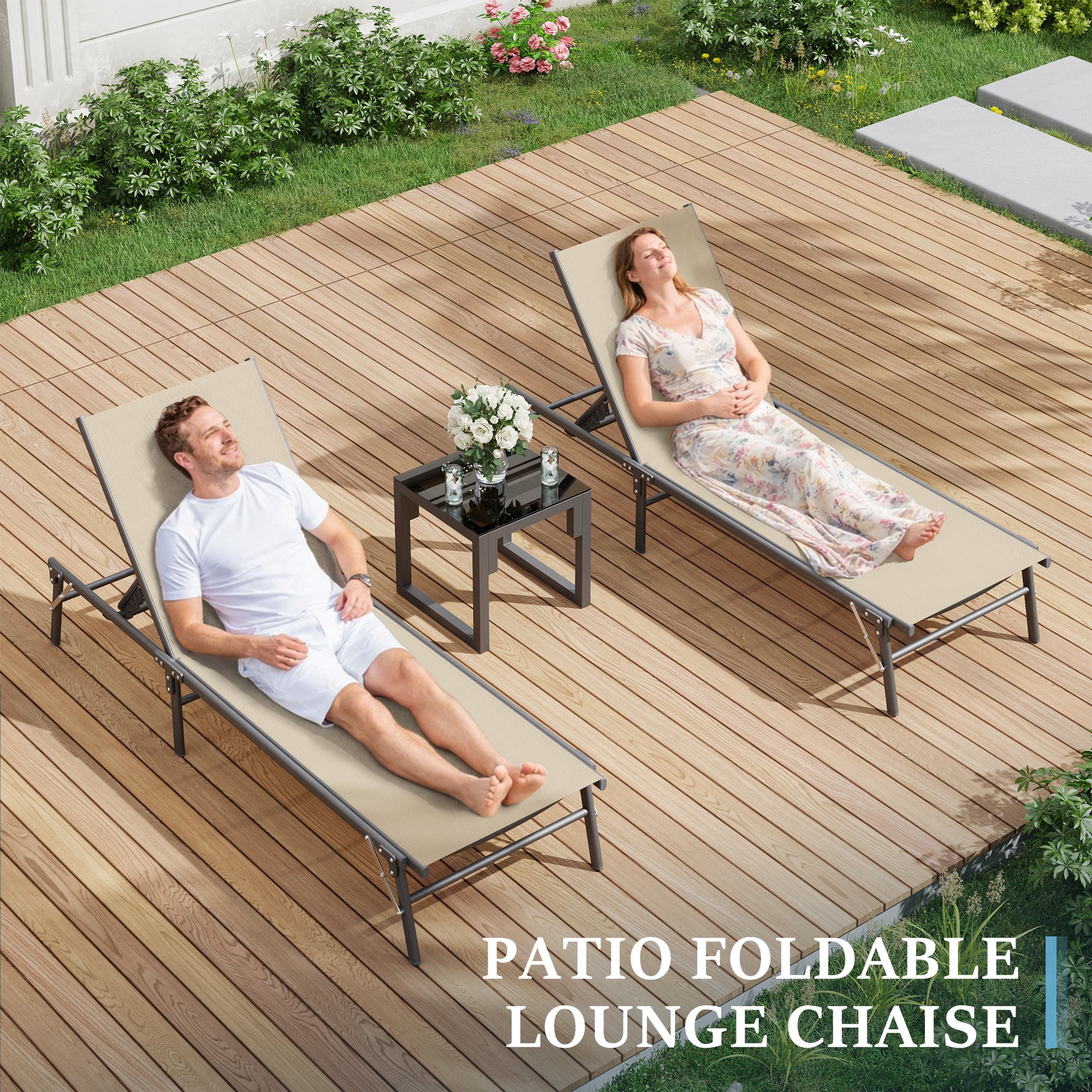 Outdoor Foldable Lounge Chair Pool Chaise Chairs for Outside, Adjustable Lounger for Poolside Lawn Deck Lay Flat Sunbathing Backrest for Patio, Beach, Yard(Brown)