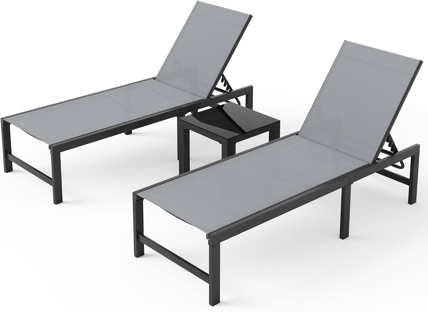 UDPATIO Lounge Chair Outdoor 3 Pieces Pool Chaise Lounge, Adjustable Lounge Poolside Lay Flat Sunbathing Backrest with Table for Patio, Beach, Yard, Pool (Grey)