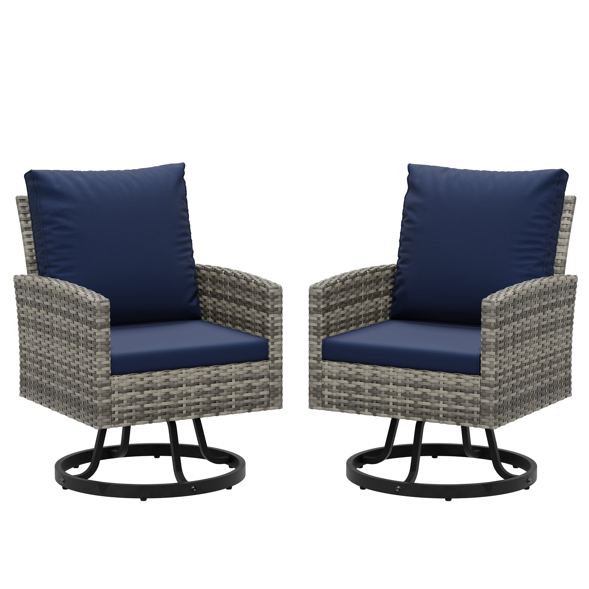 UDPATIO Wicker Patio Chairs Set of 2, Outdoor Swivel Chairs with Plush Cushions, Rattan Bistro Set Patio Furniture Set for Porch & Deck – All-Weather, Easy to Clean(Gray Rattan, Navy Blue)