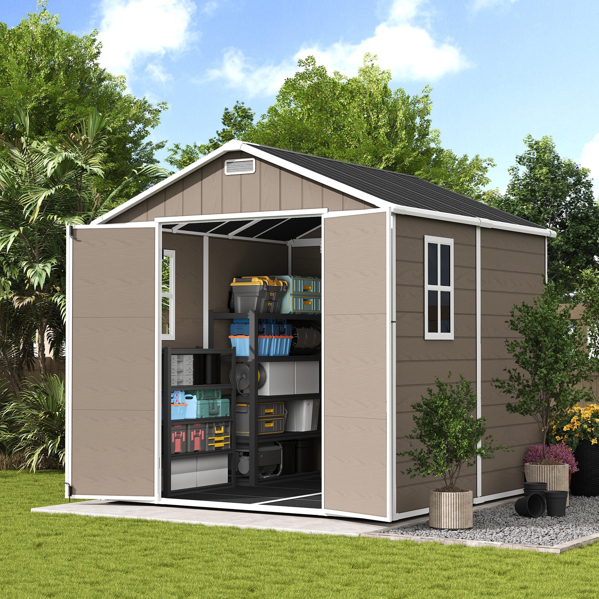 UDPATIO 8 x 8 FT Resin Storage Shed, Plastic Outdoor Storage Shed Clearance Sheds with Floor Included Solitude Cottage Shed She Sheds Garden Tool Shed with Lockable Door for Backyard, Patio, Dark Grey
