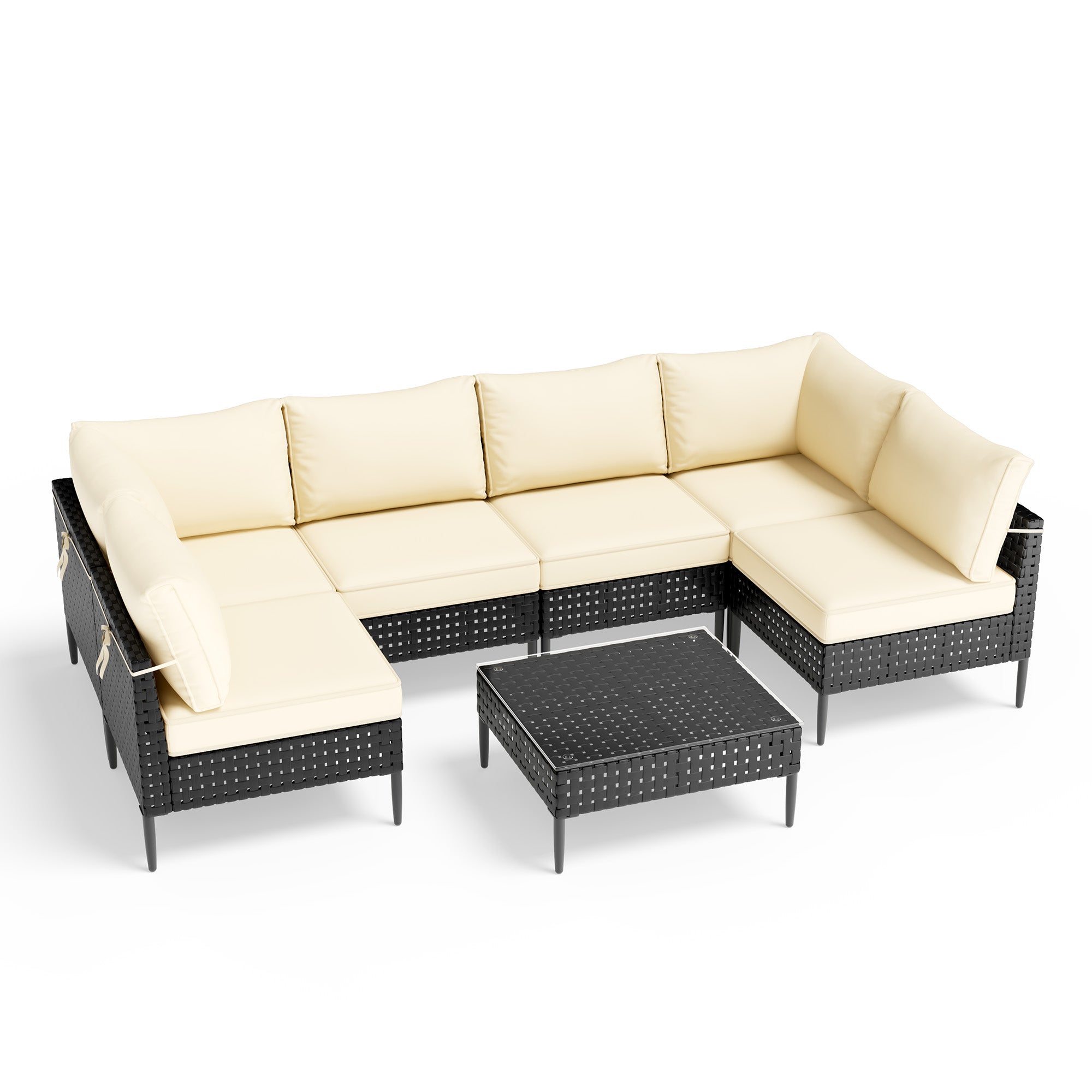 UDPATIO Wicker Patio Furniture Set with Sectional Sofas, All-Weather Cushions and Coffee Table, Bohemian Style and High-Leg Design for Garden, Deck, Poolside (Black/7 Piece)