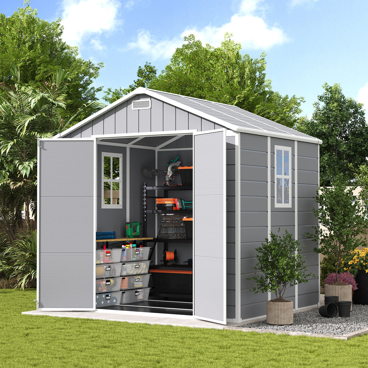 UDPATIO Resin Storage Shed 8x6 FT Plastic Outdoor Sheds with Floor, Gray