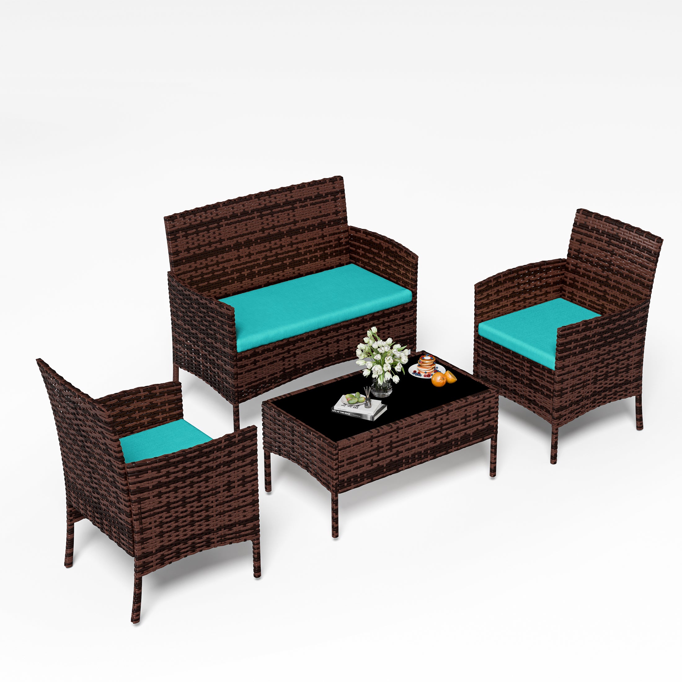 UDPATIO 4 Pieces Outdoor Patio Furniture,Sectional Conversation Sets,Brown PE Rattan Patio Chairs with Table and Loveseat for Balcony, Porch, Backyard,(Turquoise Cushion)