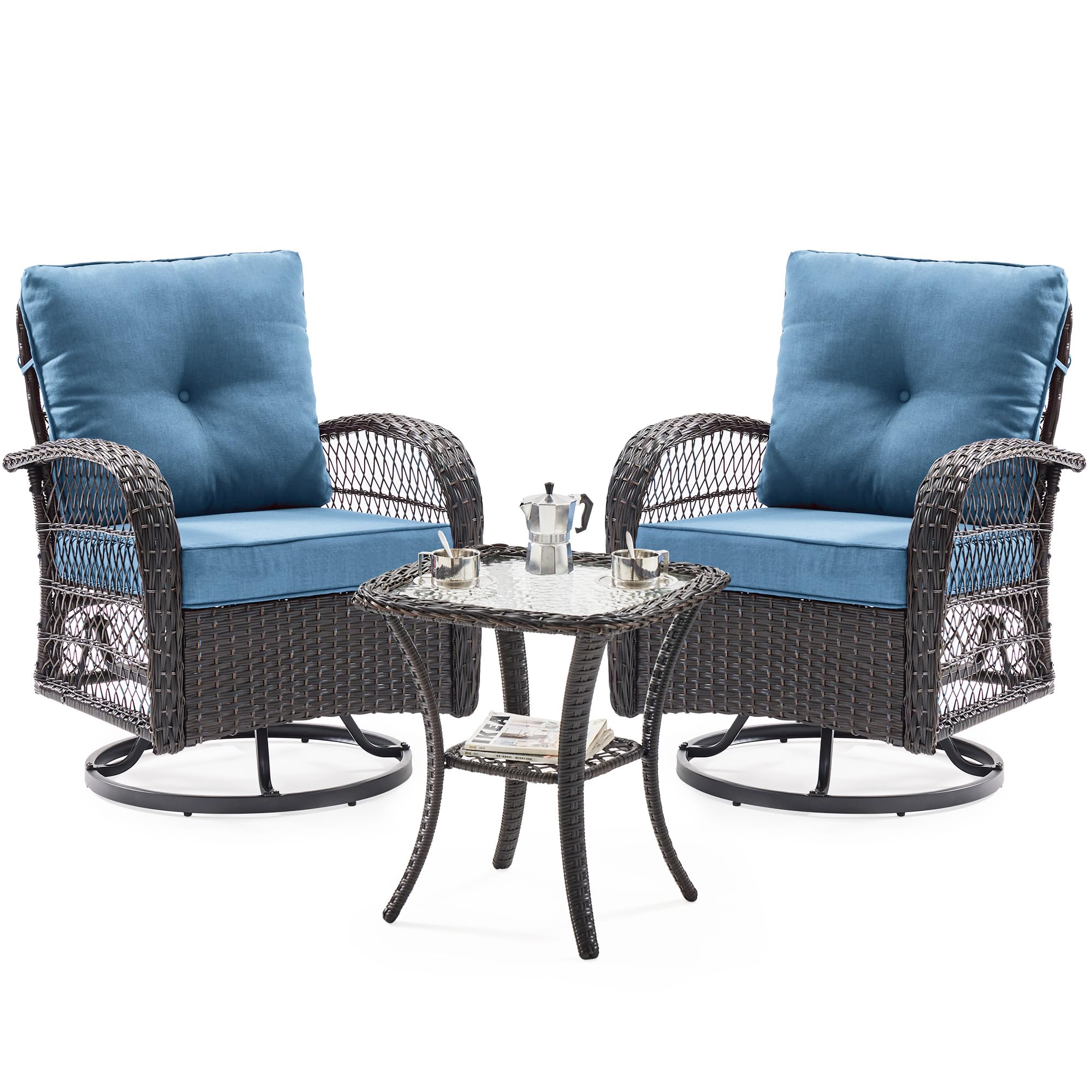UDPATIO 3 Pieces Patio Furniture Set, Outdoor Swivel Rocker Patio Chairs Set of 2, All-Weather PE Wicker Glider Chairs with Thick Cushions and Glass Coffee Table,for Porch Deck Backyard