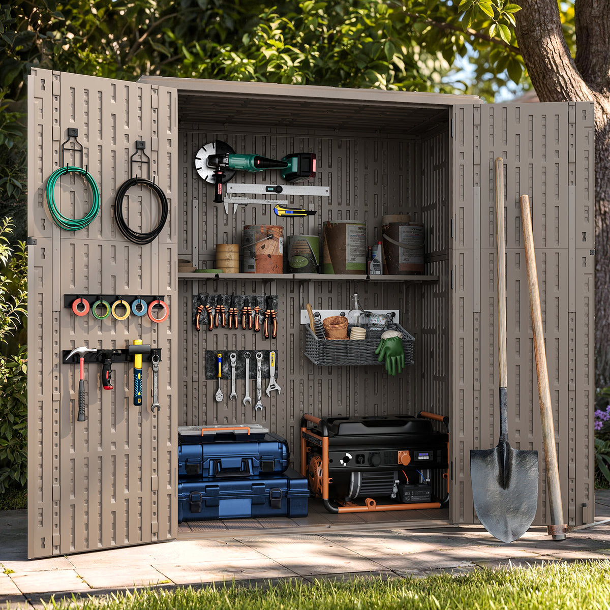 UDPATIO 61 Cu.Ft Vertical Outdoor Storage Shed, HDPE Resin Sheds,Brown