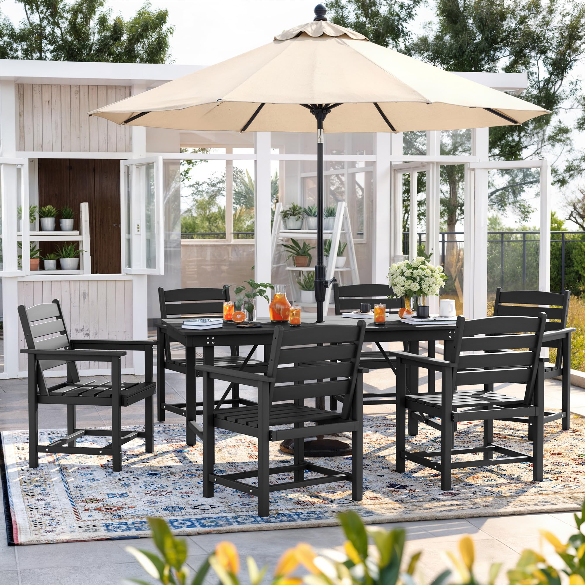 black patio dining set with umbrella UDPATIO 7 Piece Patio Dining Table Sets, Outdoor HDPE Dining Furniture