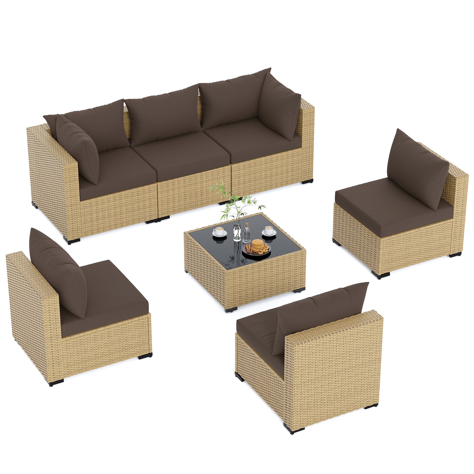 UDPATIO Furniture Set, 7 Piece Sectional Sofas with Wicker Coffee Table, Conversation for Garden, Backyard, Brown