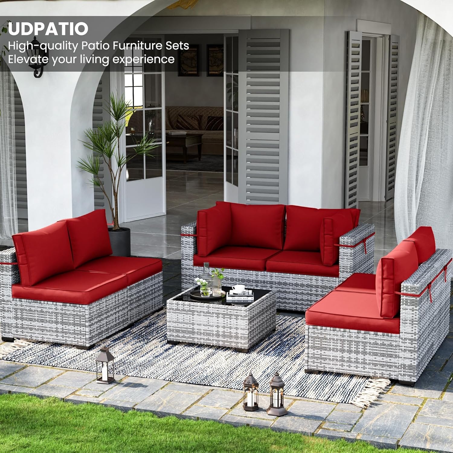 UDPATIO Patio Furniture Sets, Modular Rattan Outdoor Patio Sectional Furniture Sofa Set, Wicker Patio Conversation Set for Backyard, Deck w/Coffee Table, 7PC Grey/Red (Include Sofa Cover)
