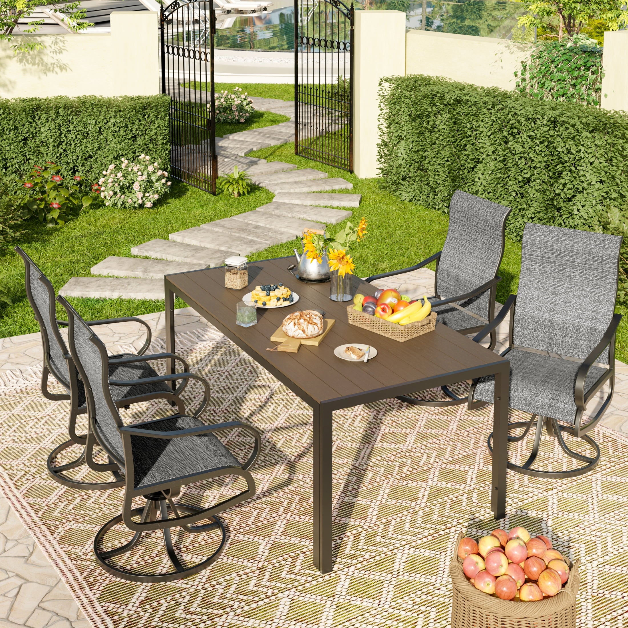 UDPATIO 5-Piece Outdoor Dining Set with High-Back Swivel Chairs & Iron Rectangle Table for 4-Person, Brown & Dark Grey