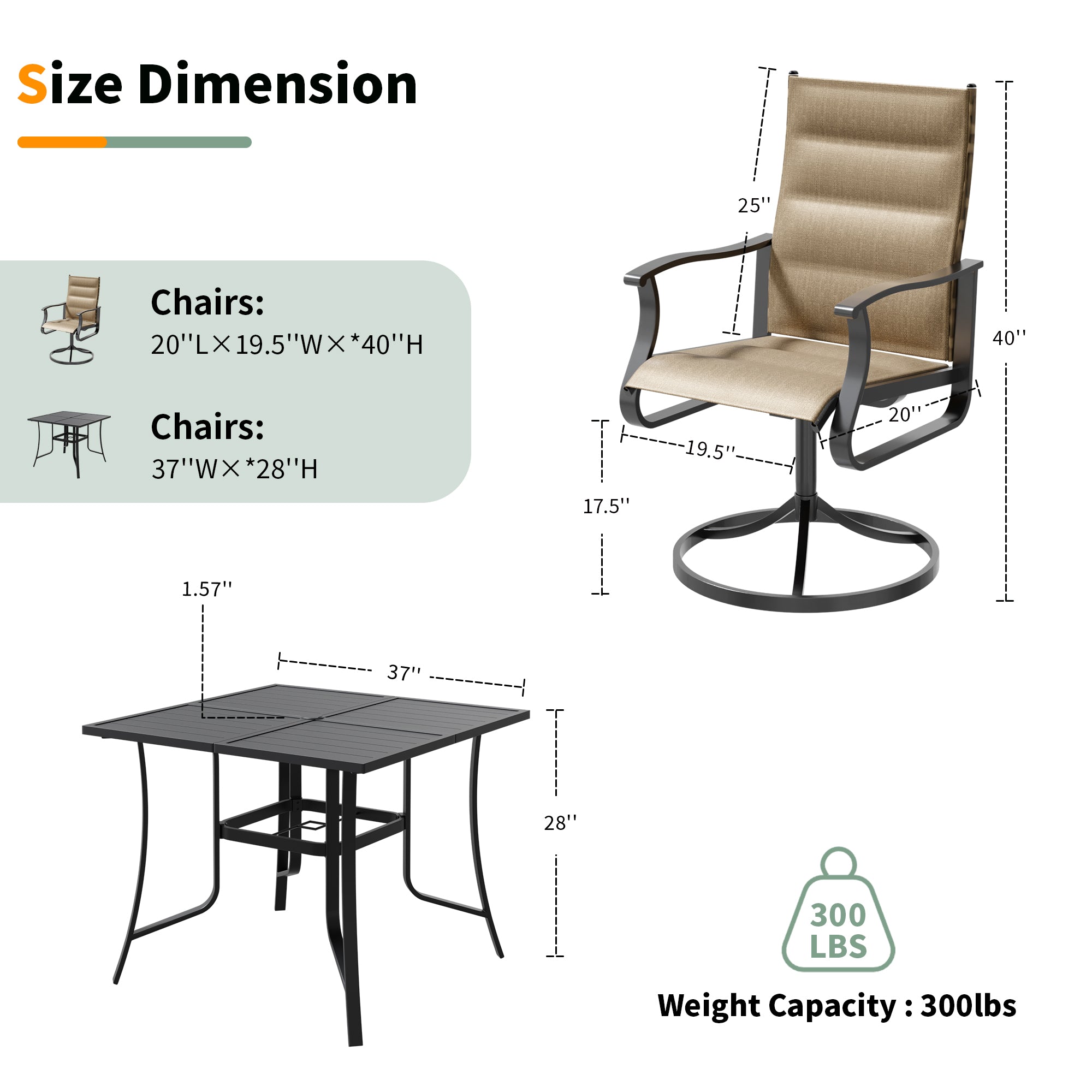 UDPATIO 5 Piece Outdoor Patio Dining Set, Outdoor Patio Table and Chairs Set, 37" Square Table with Umbrella Hole, Outdoor Swivel Rocker Dining Chairs, Patio Outside Furniture Set for Lawn, Deck, Yard