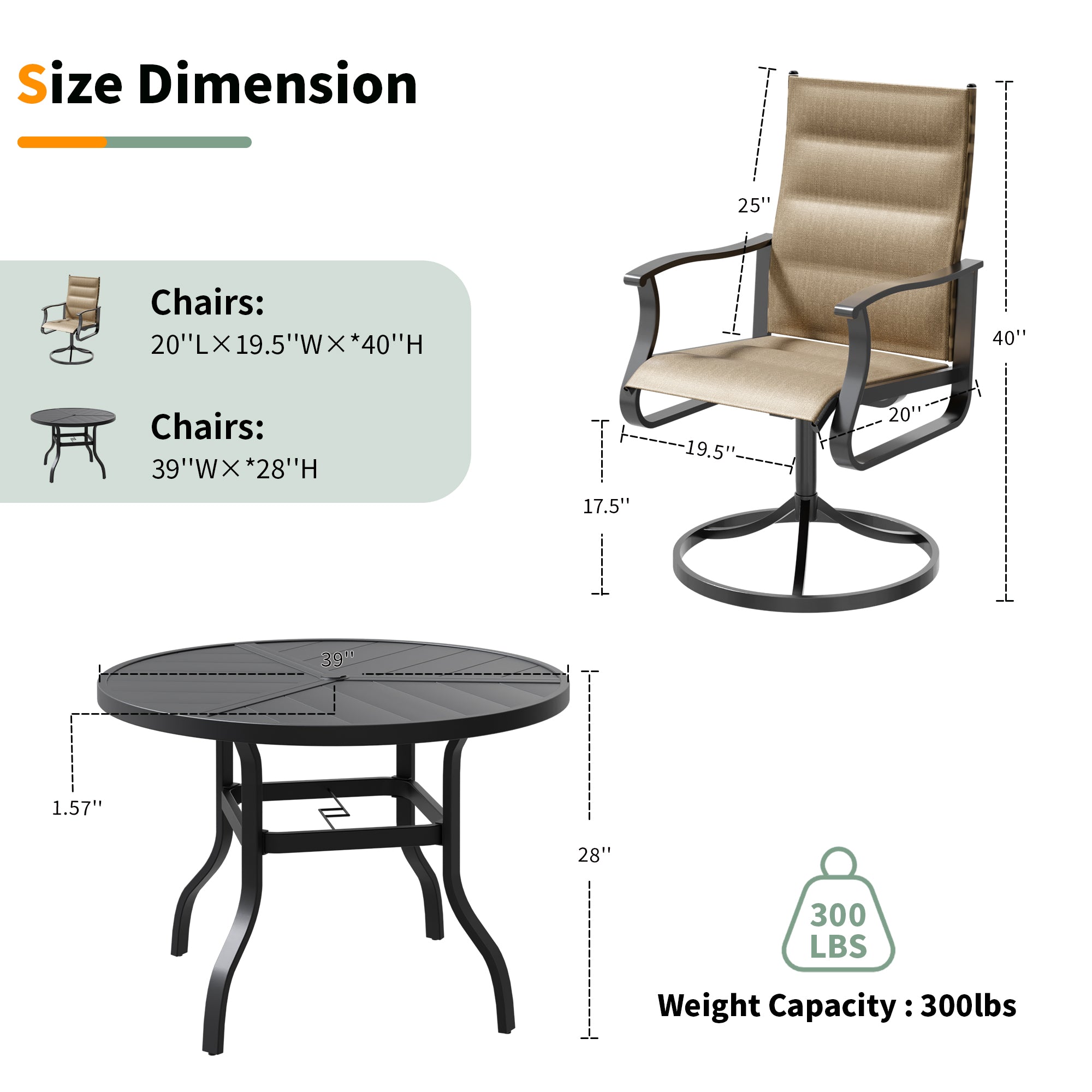 UDPATIO 5 Piece Outdoor Patio Dining Set, Outdoor Table and Chair Set, 39" Round Table with Umbrella Hole & 4 Outdoor Swivel Rocker Dining Chairs, Patio Outside Furniture Set for Lawn, Deck, Yard