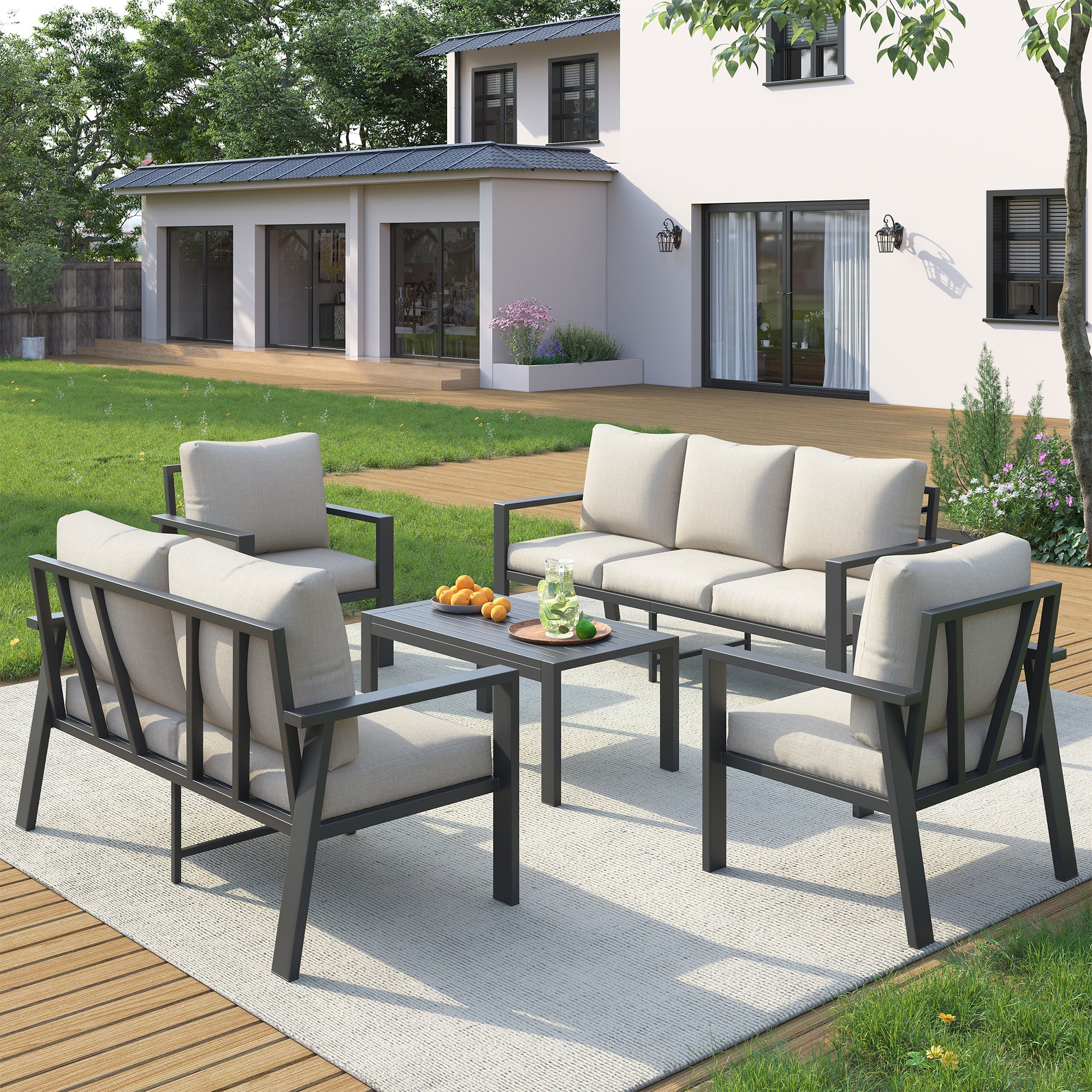 UDPATIO Aluminum Patio Furniture Set, 5 Pieces Sectional Metal Conversation Sofa Modern Seating Set with Coffee Table for Outdoor Garden Backyard, Beige