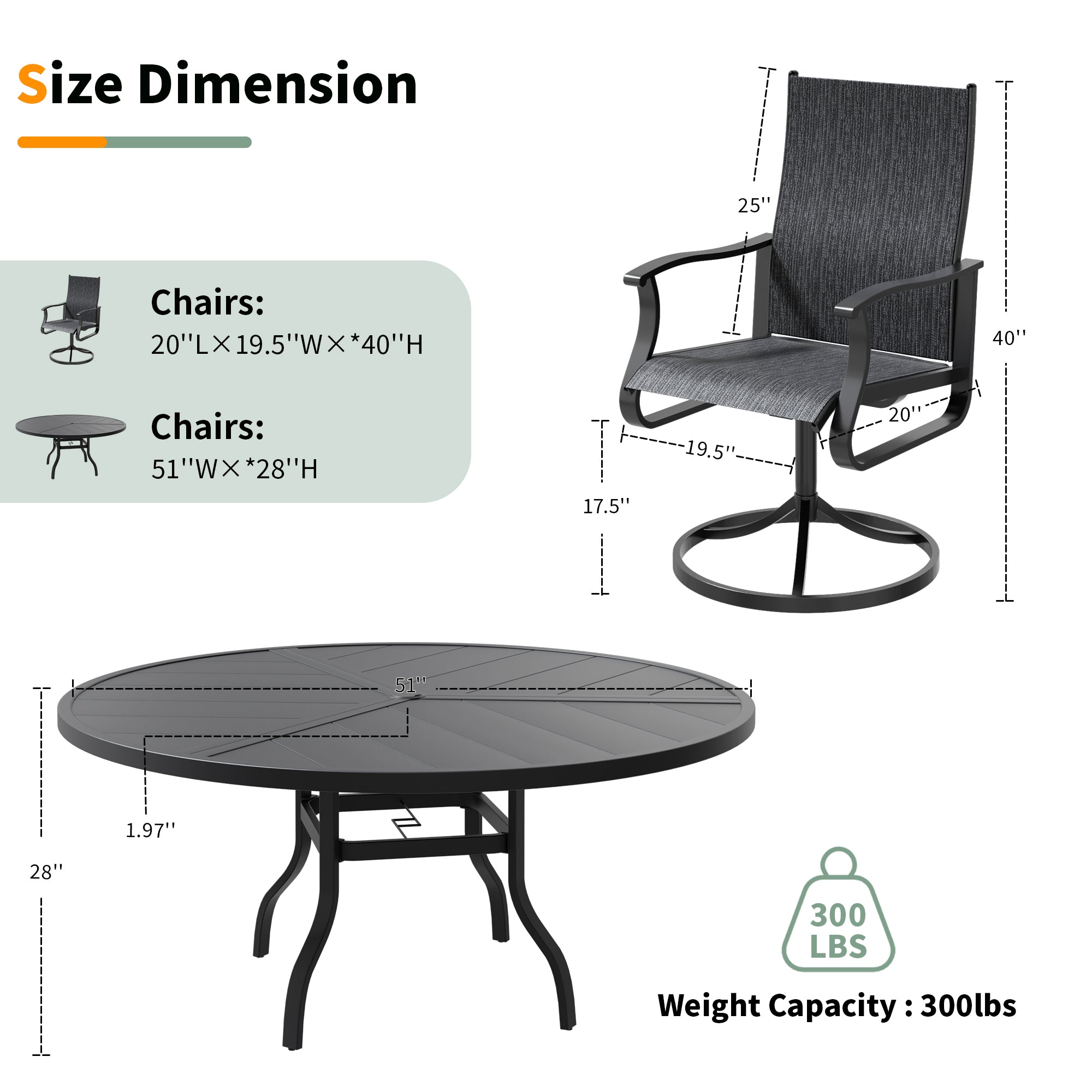UDPATIO 7 Piece Outdoor Patio Dining Set with 51" Round Table & 6 Outdoor Swivel Rocker Dining Chairs with All Weather Textilene High Back & Metal Frame, Outdoor Table and Chair Set for Lawn, Backyard