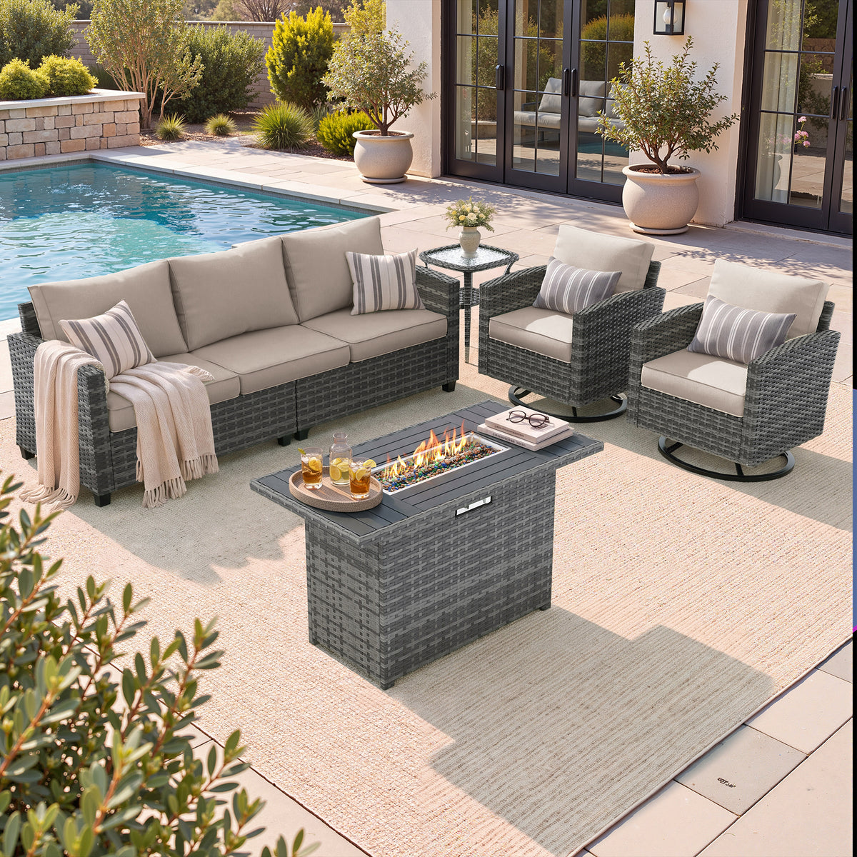 UDPATIO Patio Furniture Set with Swivel Rocking Chair 44" Fire Pit Table