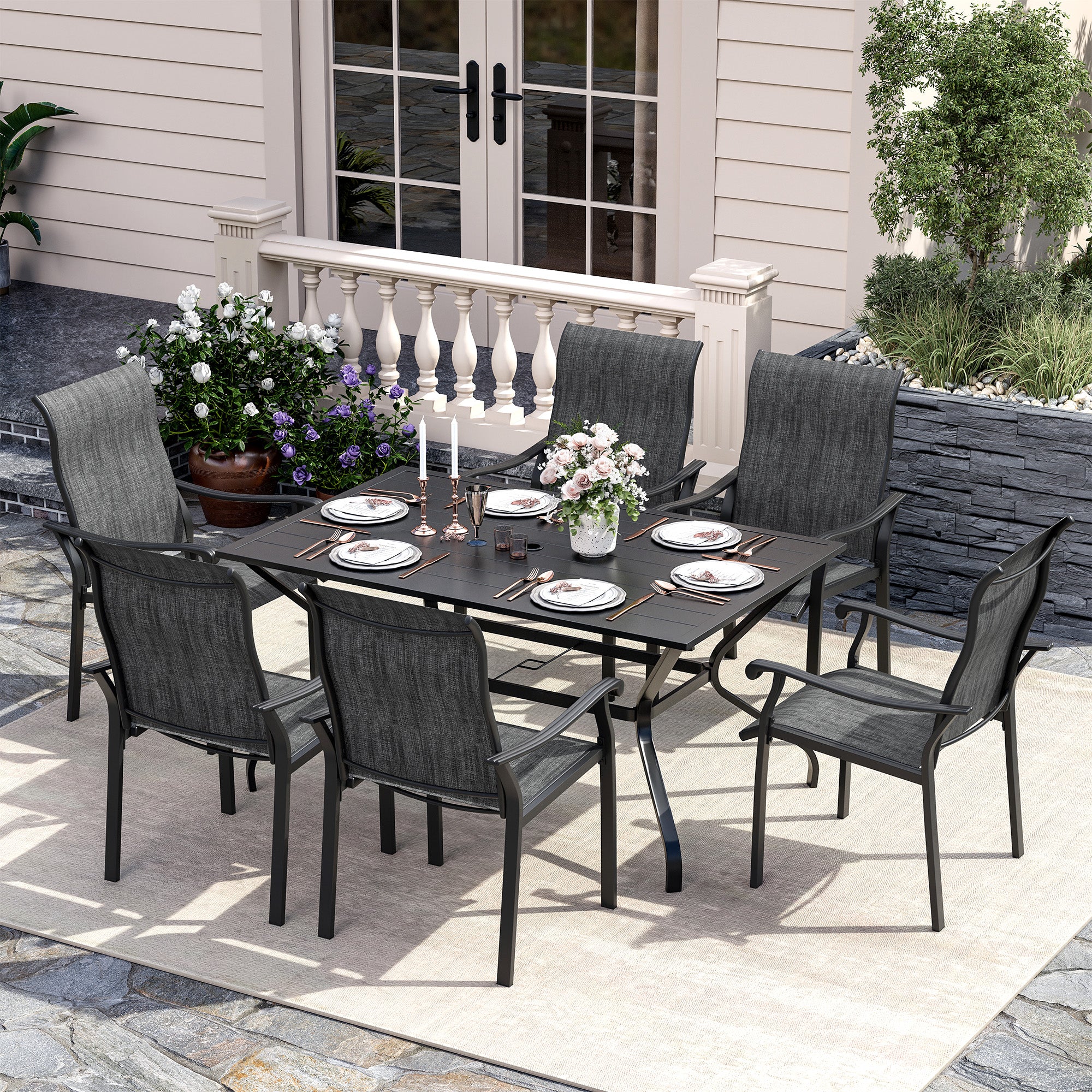 UDPATIO 7 Piece Patio Dining Set for 6, Patio Outdoor Table and Chairs, 59"×38" Black Table with Umbrella Hole, Gray Patio Chairs Set of 6, Patio Outdoor Dining Set for Lawn, Backyard, Deck