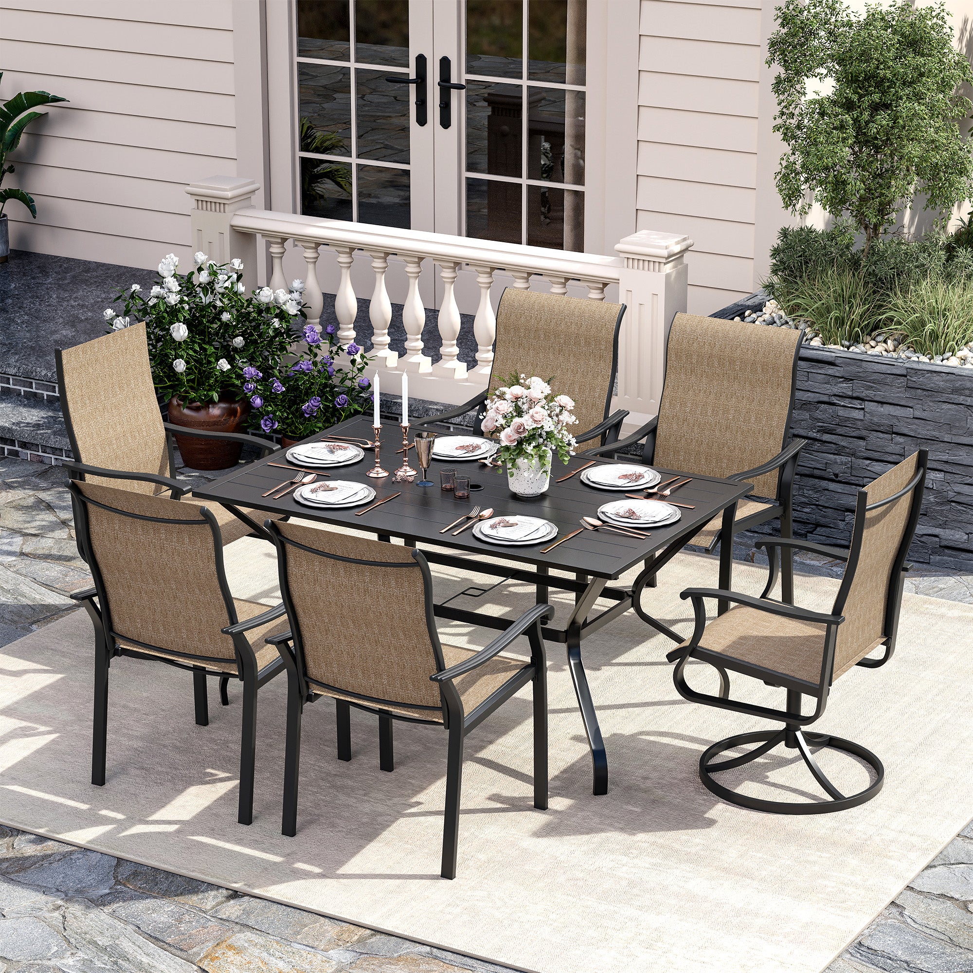 UDPATIO 7 Piece Patio Dining Set for 6, Patio Outdoor Table and Chairs, 59"×38" Black Table with Umbrella Hole, Brown Patio Chairs, Patio Outdoor Dining Set for Lawn, Backyard, Deck